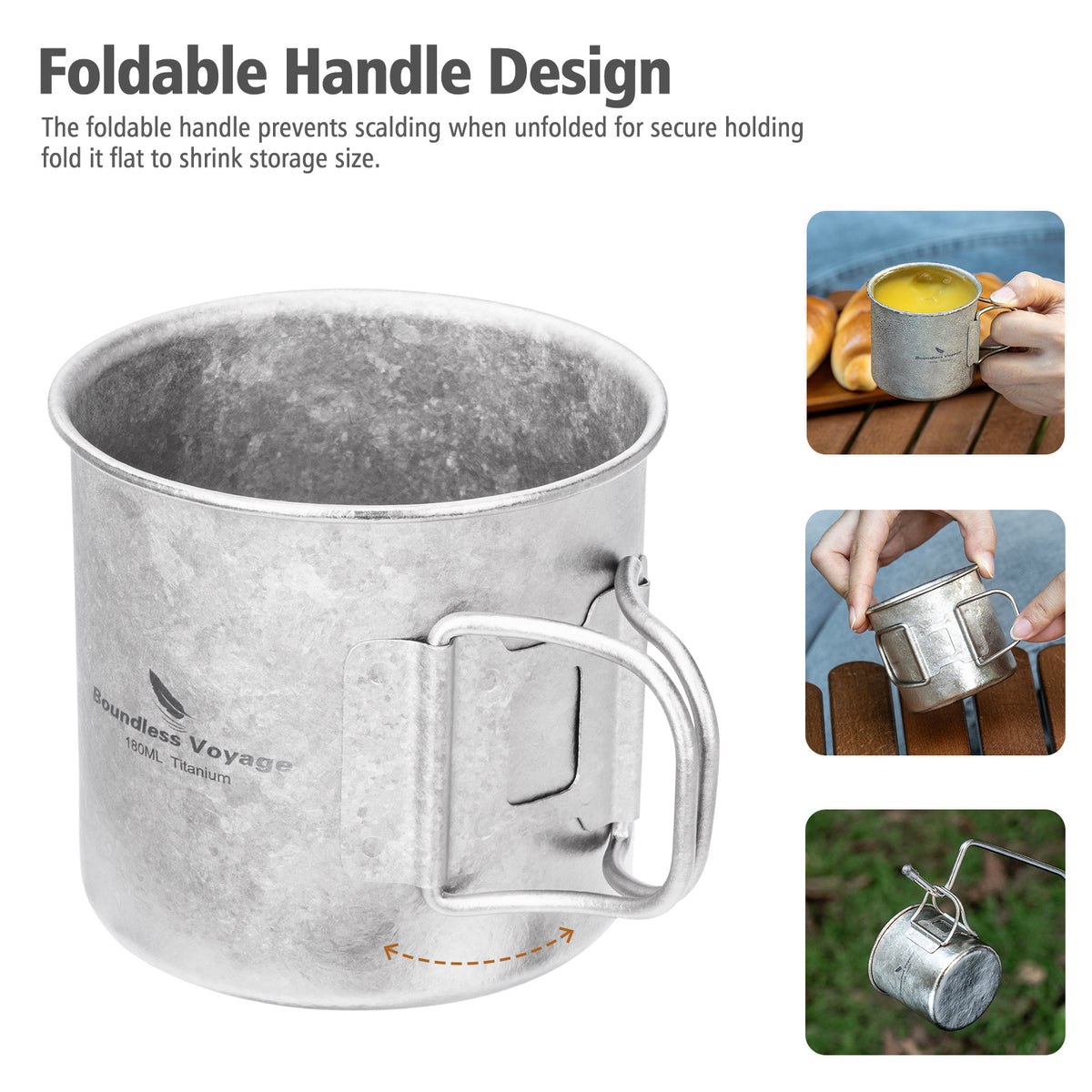 Boundless Voyage 180ml Titanium Camping Cup with Folding Handle – Ultralight Mini Coffee Mug, Natural & Crystalline Finishes 富文本编辑器
