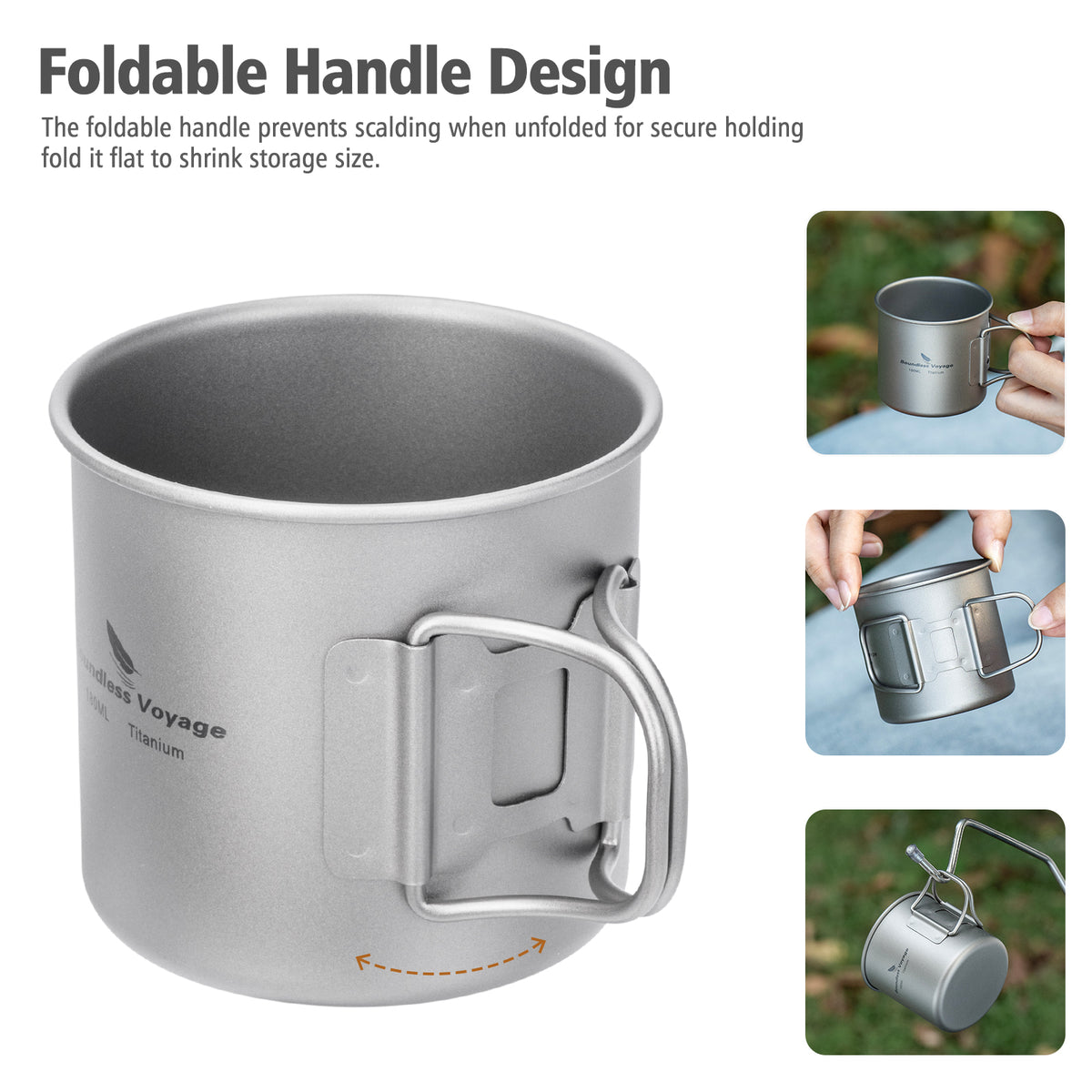 Boundless Voyage 180ml Titanium Camping Cup with Folding Handle – Ultralight Mini Coffee Mug, Natural & Crystalline Finishes 富文本编辑器