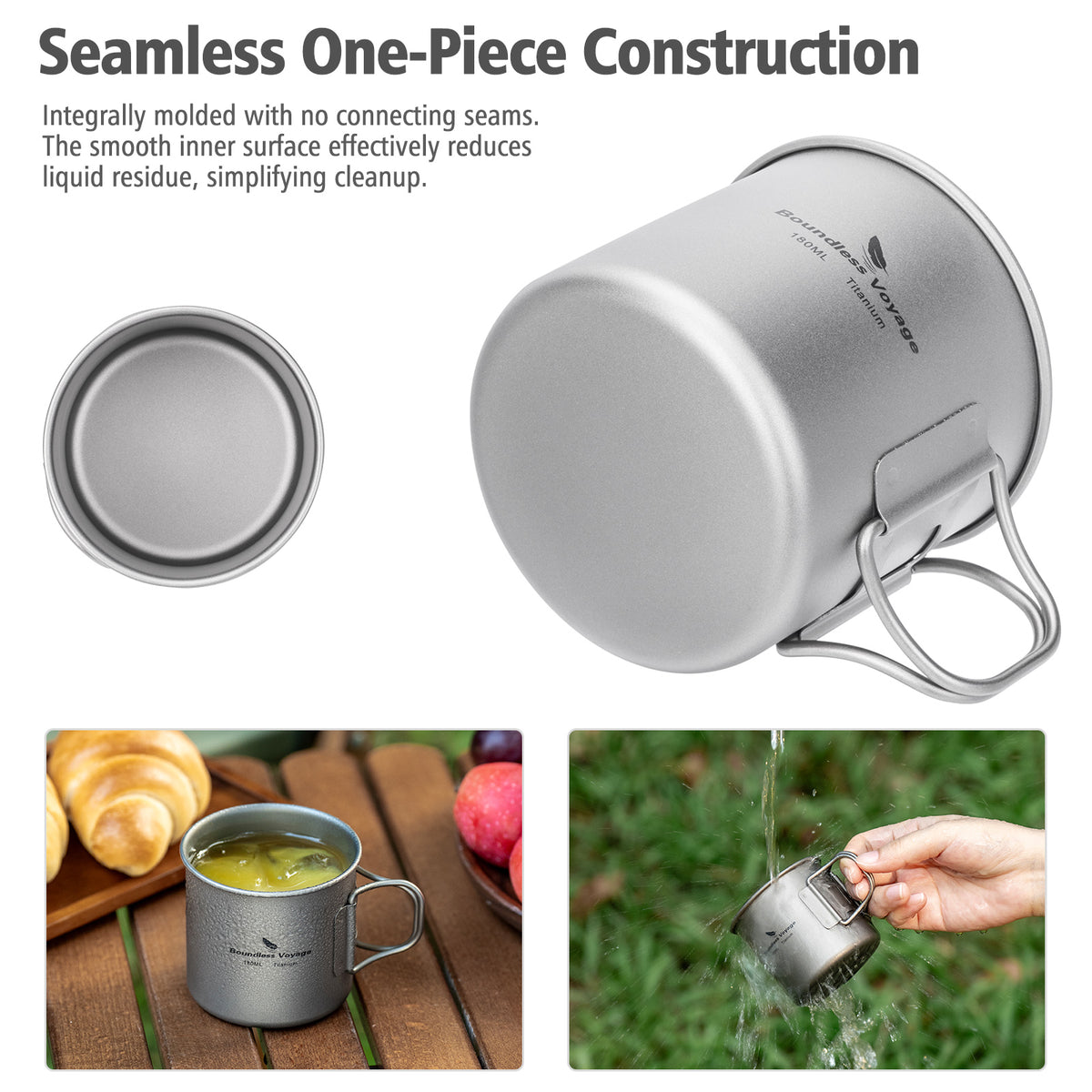 Boundless Voyage 180ml Titanium Camping Cup with Folding Handle – Ultralight Mini Coffee Mug, Natural & Crystalline Finishes 富文本编辑器