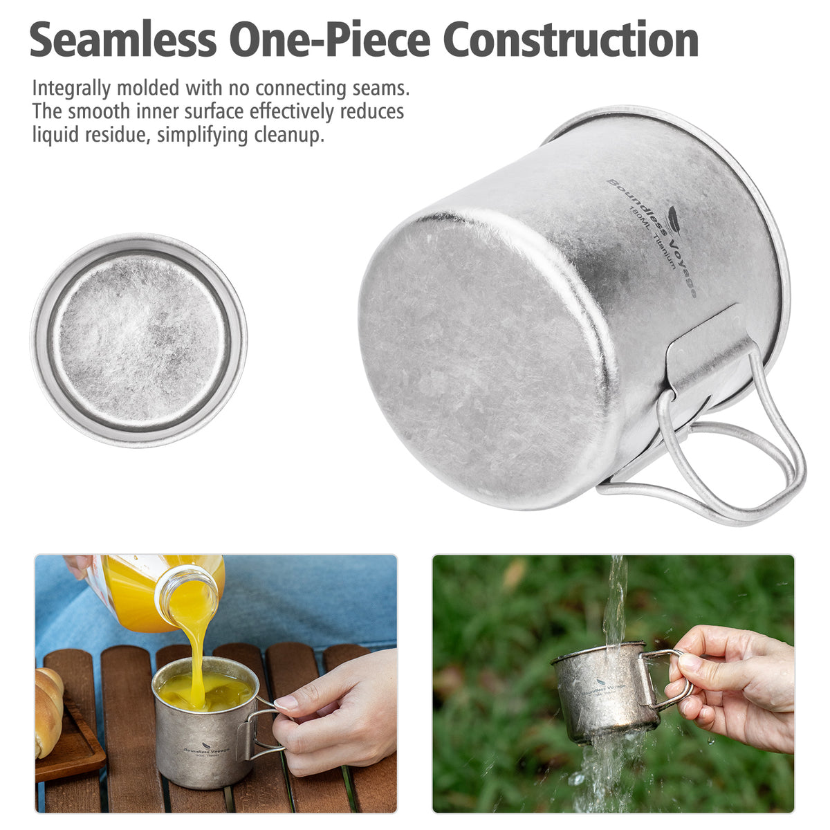 Boundless Voyage 180ml Titanium Camping Cup with Folding Handle – Ultralight Mini Coffee Mug, Natural & Crystalline Finishes 富文本编辑器