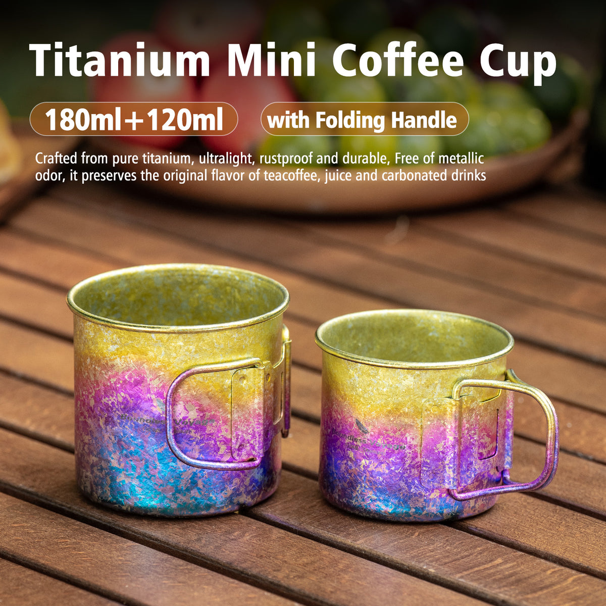 Boundless Voyage 180ml Titanium Camping Cup with Folding Handle – Ultralight Mini Coffee Mug, Natural & Crystalline Finishes 富文本编辑器