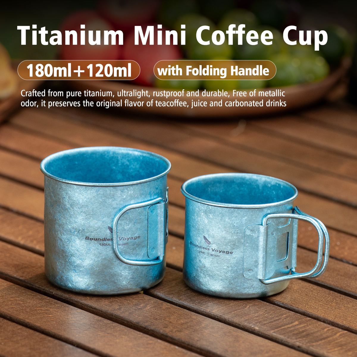 Boundless Voyage 180ml Titanium Camping Cup with Folding Handle – Ultralight Mini Coffee Mug, Natural & Crystalline Finishes 富文本编辑器