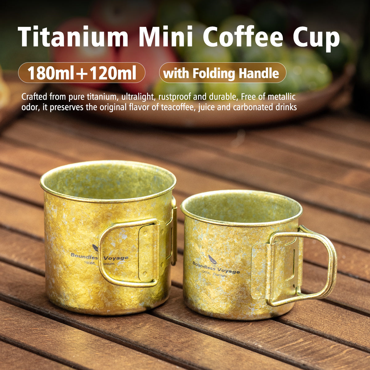 Boundless Voyage 180ml Titanium Camping Cup with Folding Handle – Ultralight Mini Coffee Mug, Natural & Crystalline Finishes 富文本编辑器