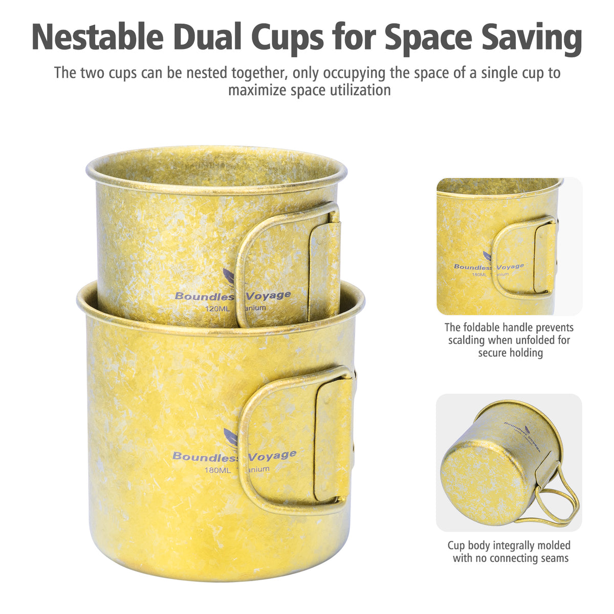 Boundless Voyage 180ml Titanium Camping Cup with Folding Handle – Ultralight Mini Coffee Mug, Natural & Crystalline Finishes 富文本编辑器