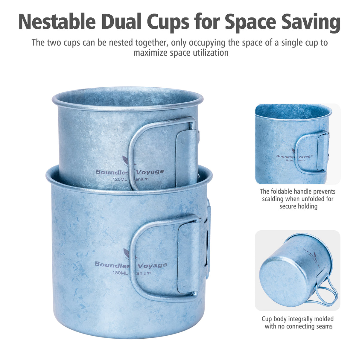 Boundless Voyage 180ml Titanium Camping Cup with Folding Handle – Ultralight Mini Coffee Mug, Natural & Crystalline Finishes 富文本编辑器
