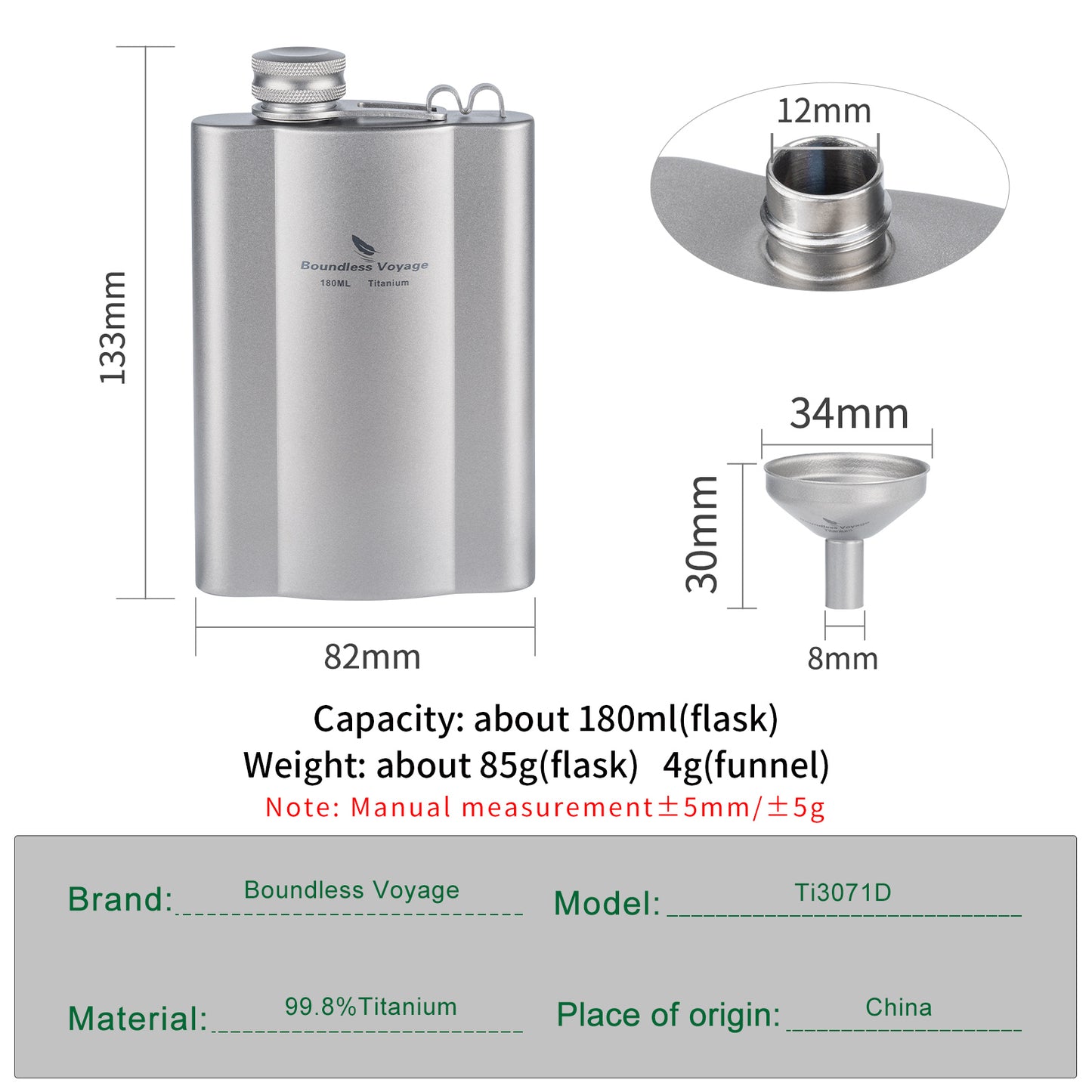 Boundless Voyage 180ml Titanium Hip Flask | Ultralight 6oz Pocket Whiskey Bottle | Leakproof & BPA-Free Liquor Flask for Camping, Hiking, Travel & Groomsmen Gifts