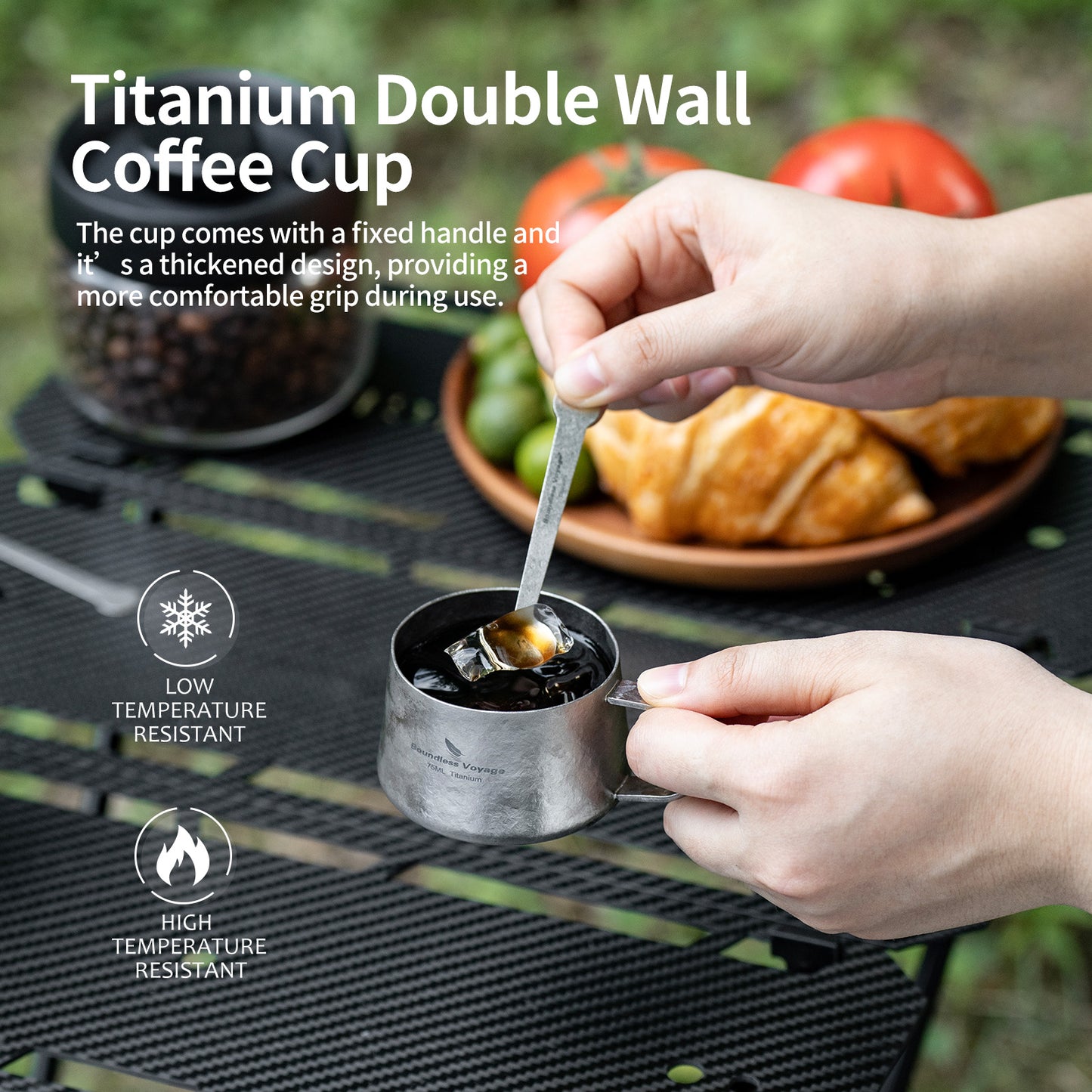 Boundless Voyage Titanium Double Wall Coffee Cup with Stirring Spoon Mini Tea Mug Espresso Cup Outdoor Camping Travel Ultralight Durable Portable Drinkware