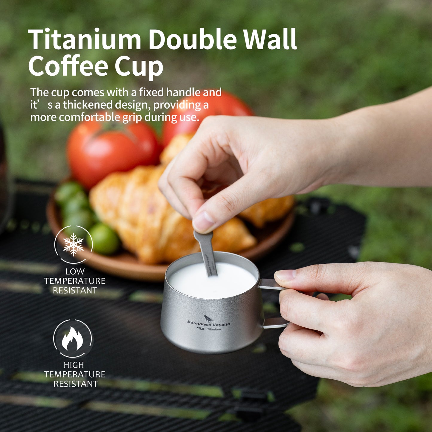 Boundless Voyage Titanium Double Wall Coffee Cup with Stirring Spoon Mini Tea Mug Espresso Cup Outdoor Camping Travel Ultralight Durable Portable Drinkware