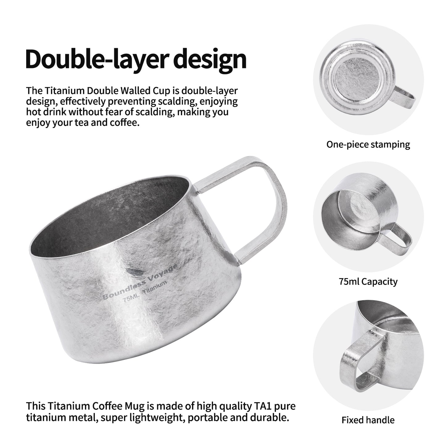 Boundless Voyage Titanium Double Wall Coffee Cup with Stirring Spoon Mini Tea Mug Espresso Cup Outdoor Camping Travel Ultralight Durable Portable Drinkware