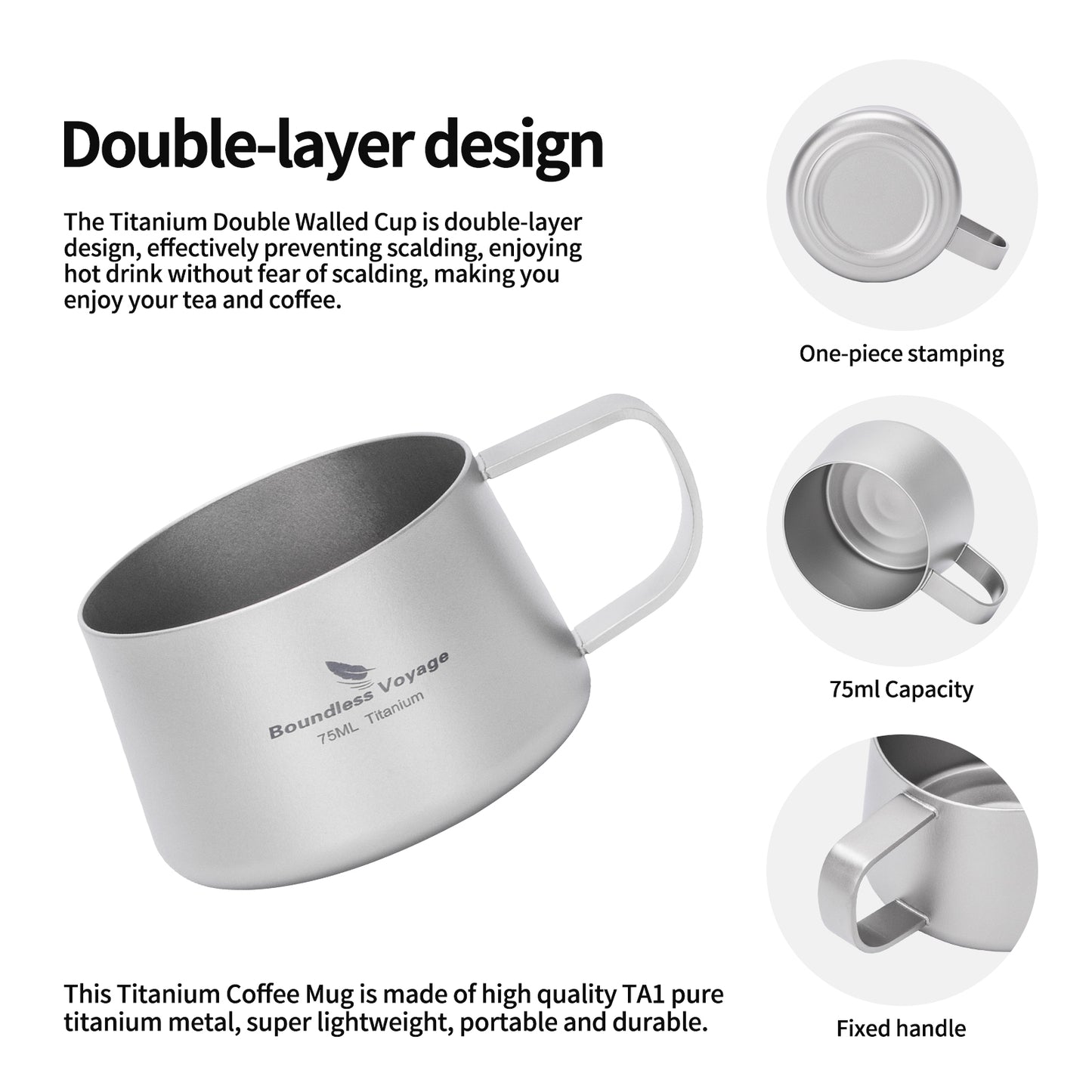 Boundless Voyage Titanium Double Wall Coffee Cup with Stirring Spoon Mini Tea Mug Espresso Cup Outdoor Camping Travel Ultralight Durable Portable Drinkware