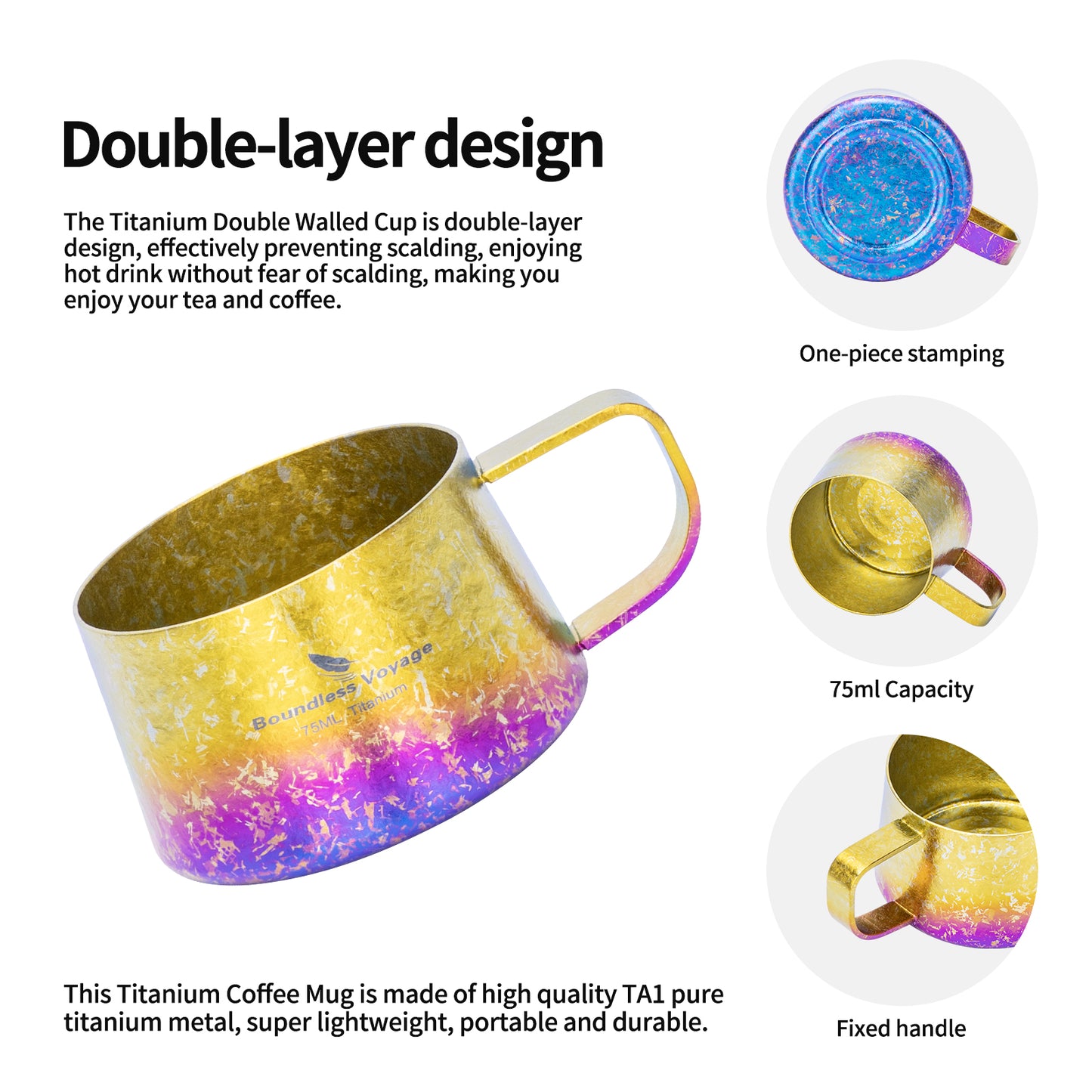 Boundless Voyage Titanium Double Wall Coffee Cup with Stirring Spoon Mini Tea Mug Espresso Cup Outdoor Camping Travel Ultralight Durable Portable Drinkware