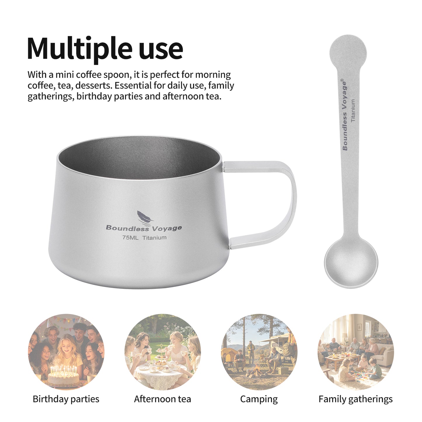 Boundless Voyage Titanium Double Wall Coffee Cup with Stirring Spoon Mini Tea Mug Espresso Cup Outdoor Camping Travel Ultralight Durable Portable Drinkware