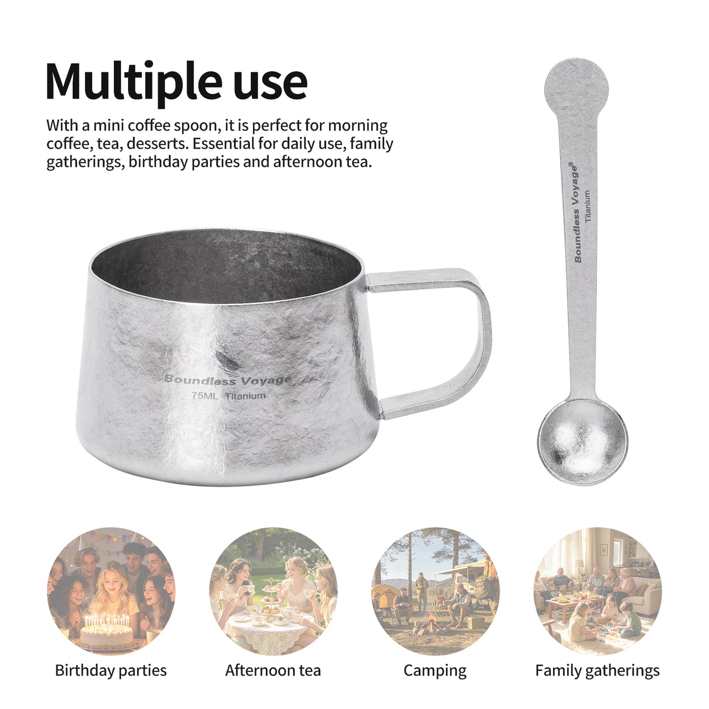 Boundless Voyage Titanium Double Wall Coffee Cup with Stirring Spoon Mini Tea Mug Espresso Cup Outdoor Camping Travel Ultralight Durable Portable Drinkware