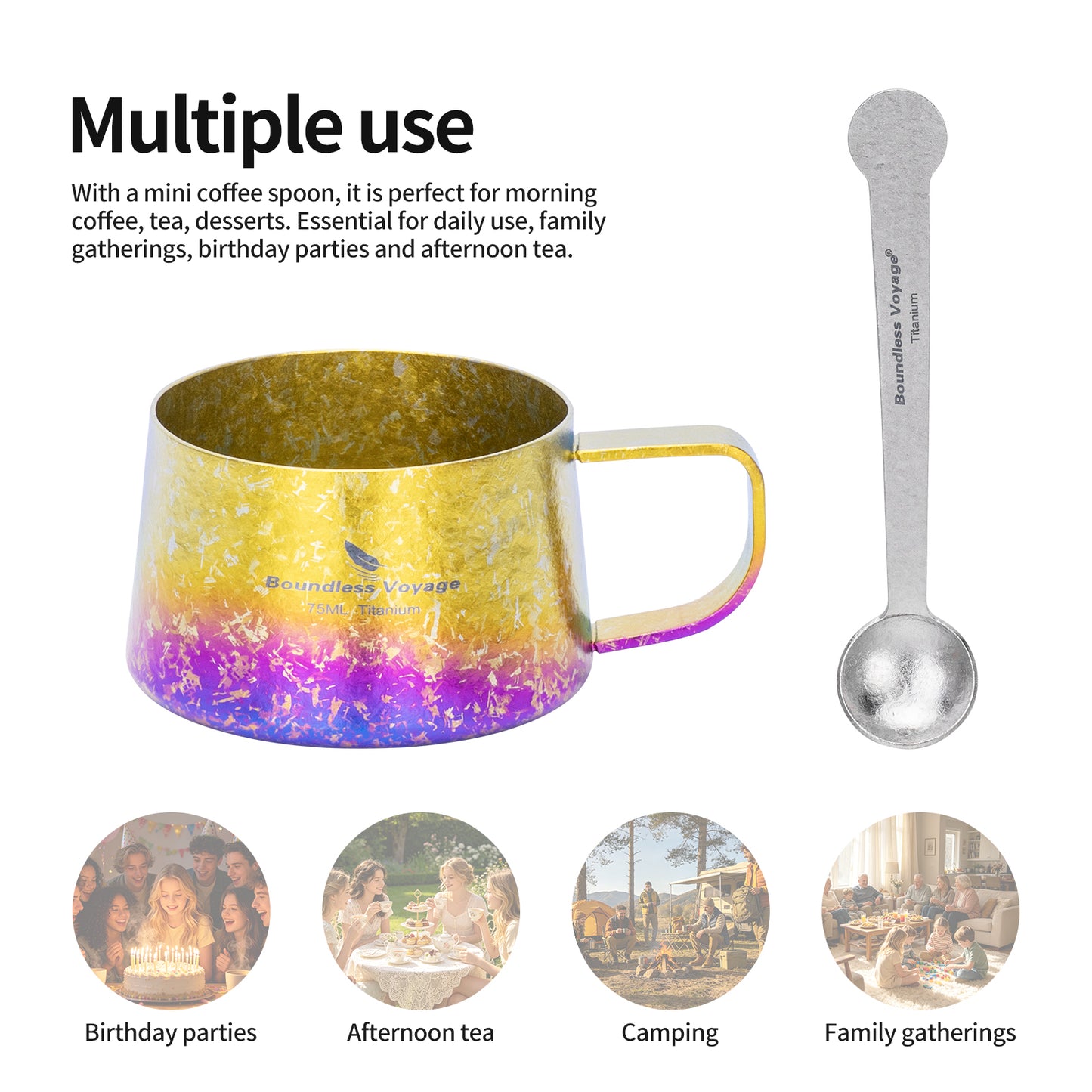 Boundless Voyage Titanium Double Wall Coffee Cup with Stirring Spoon Mini Tea Mug Espresso Cup Outdoor Camping Travel Ultralight Durable Portable Drinkware