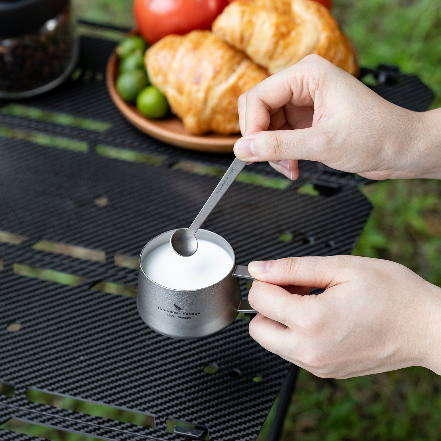 Boundless Voyage Titanium Double Wall Coffee Cup with Stirring Spoon Mini Tea Mug Espresso Cup Outdoor Camping Travel Ultralight Durable Portable Drinkware