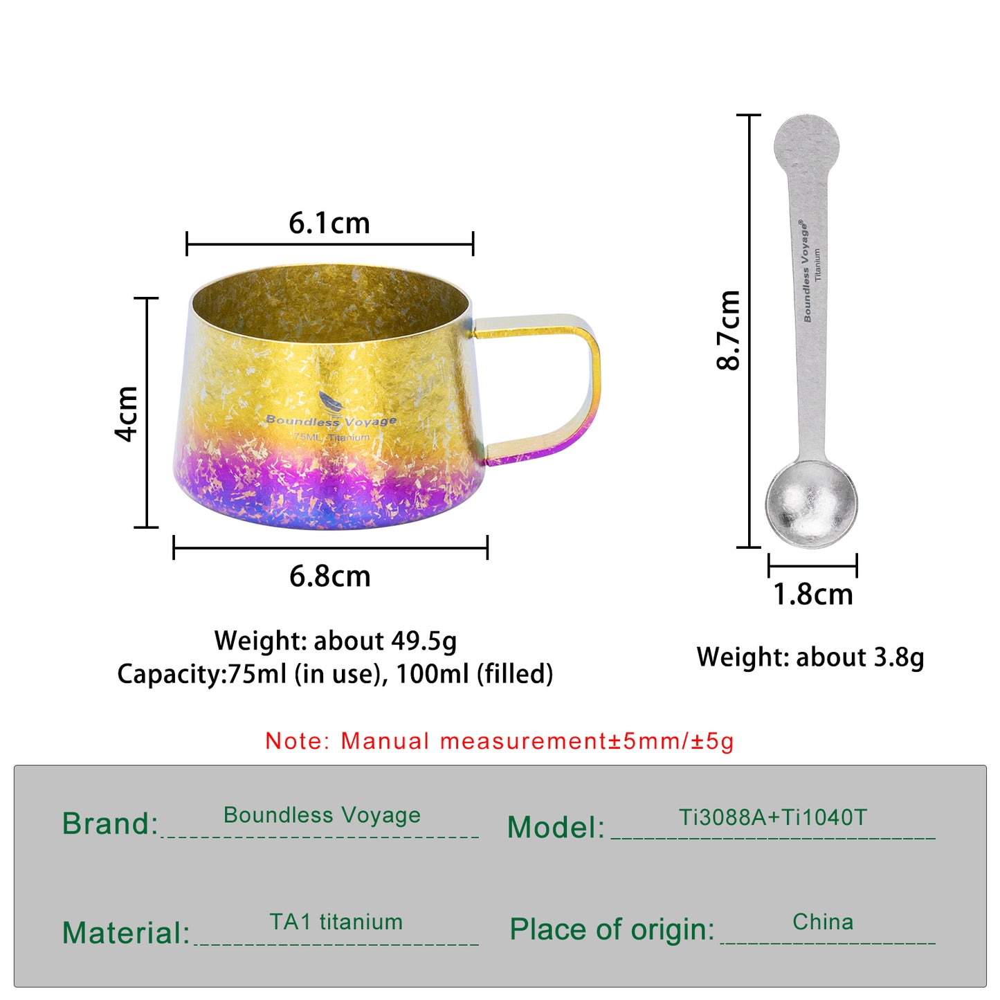 Boundless Voyage Titanium Double Wall Coffee Cup with Stirring Spoon Mini Tea Mug Espresso Cup Outdoor Camping Travel Ultralight Durable Portable Drinkware