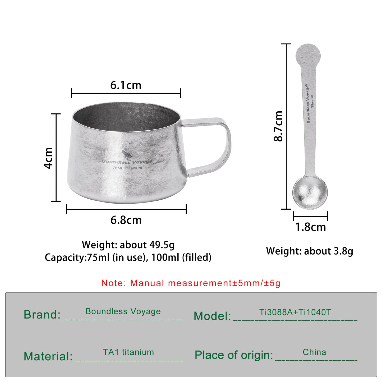 Boundless Voyage Titanium Double Wall Coffee Cup with Stirring Spoon Mini Tea Mug Espresso Cup Outdoor Camping Travel Ultralight Durable Portable Drinkware