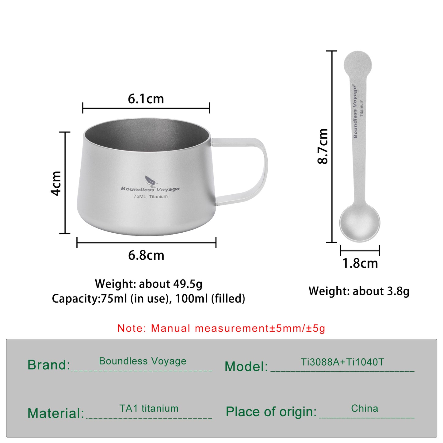 Boundless Voyage Titanium Double Wall Coffee Cup with Stirring Spoon Mini Tea Mug Espresso Cup Outdoor Camping Travel Ultralight Durable Portable Drinkware