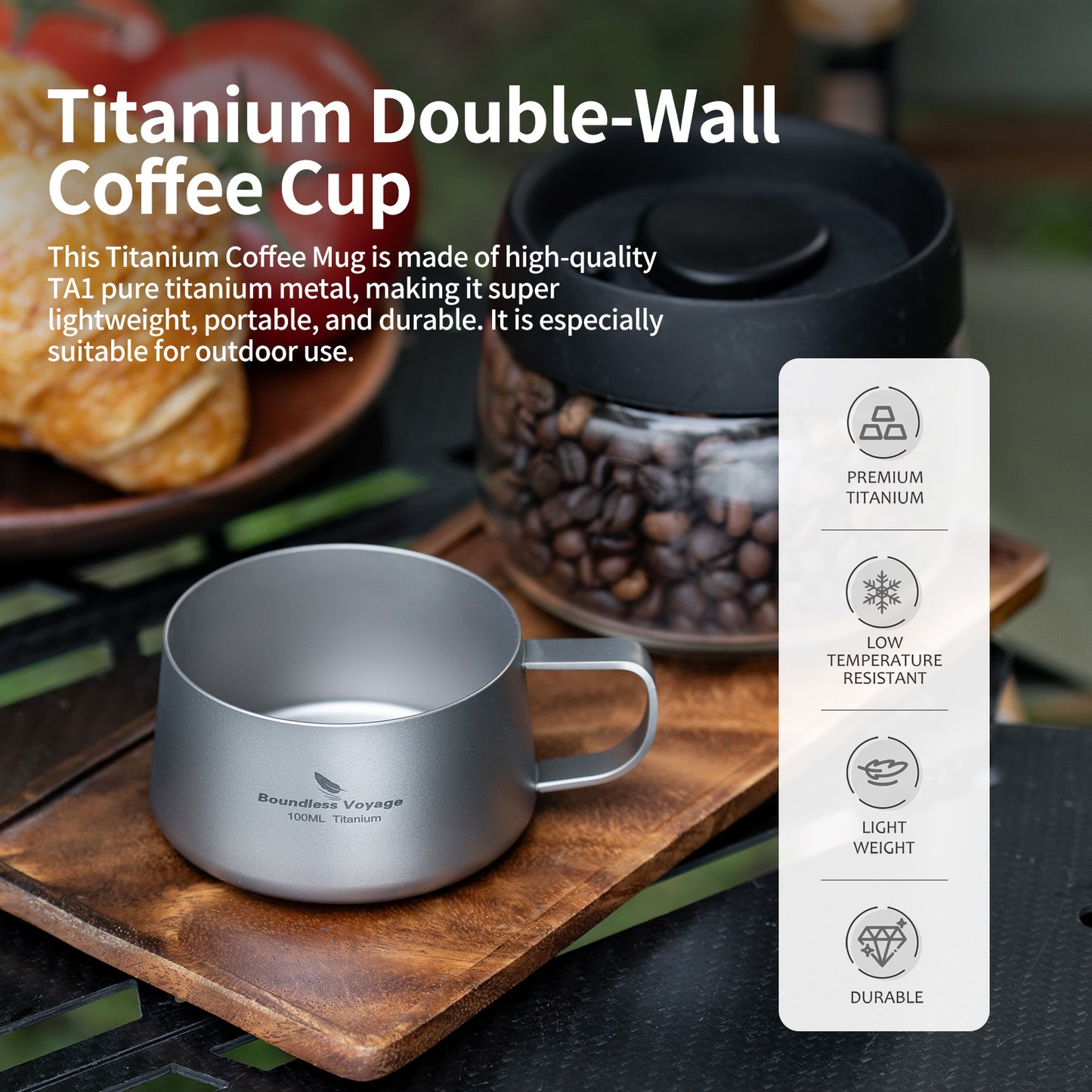 Boundless Voyage 100ml Titanium Double Wall Espresso Cup with Spoon – Ultralight Coffee & Tea Mug for Camping & Travel