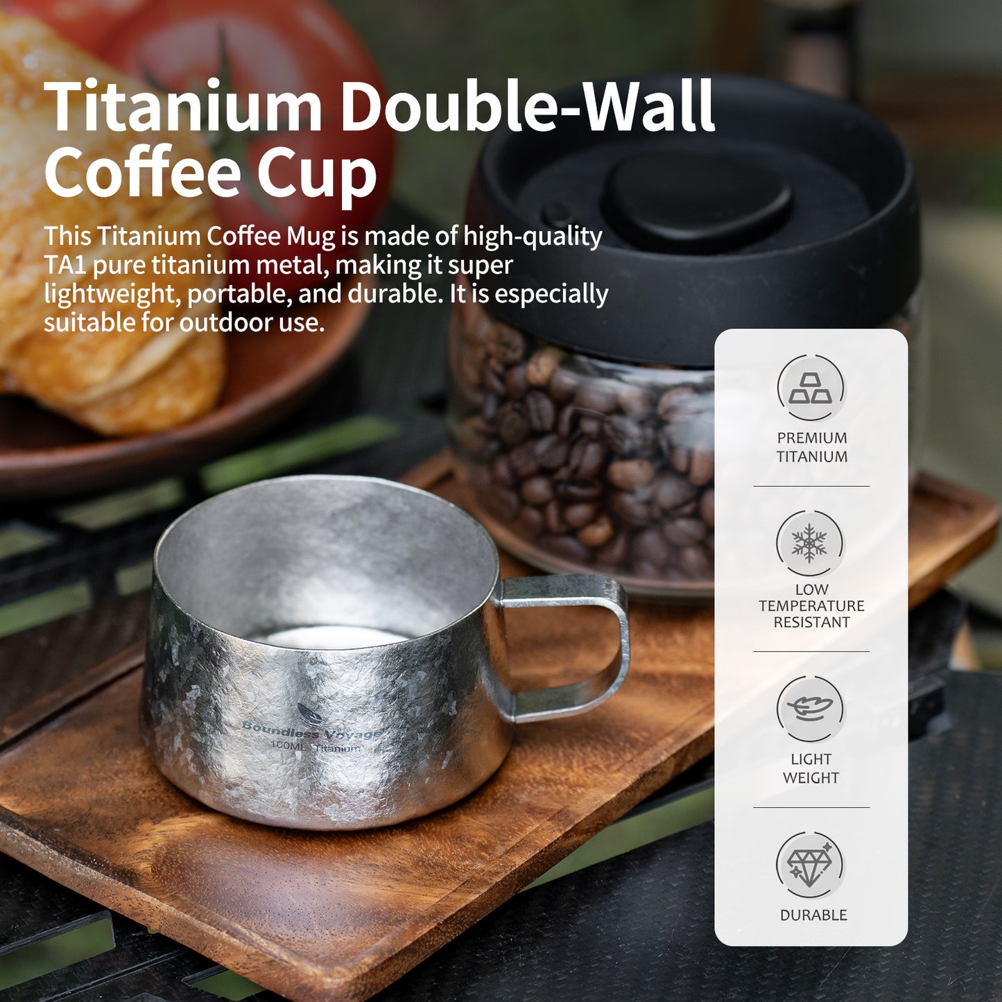 Boundless Voyage 100ml Titanium Double Wall Espresso Cup with Spoon – Ultralight Coffee & Tea Mug for Camping & Travel