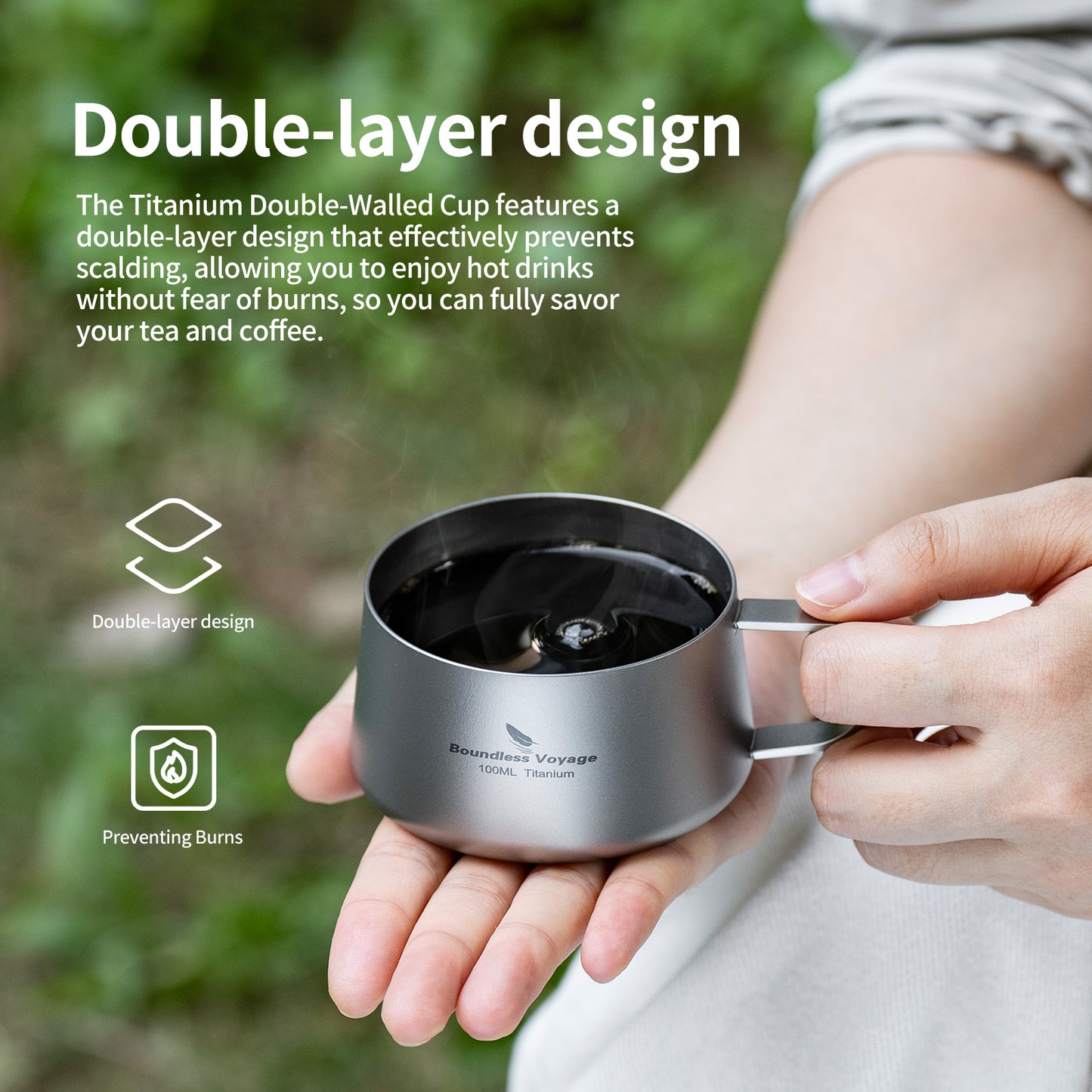 Boundless Voyage 100ml Titanium Double Wall Espresso Cup with Spoon – Ultralight Coffee & Tea Mug for Camping & Travel