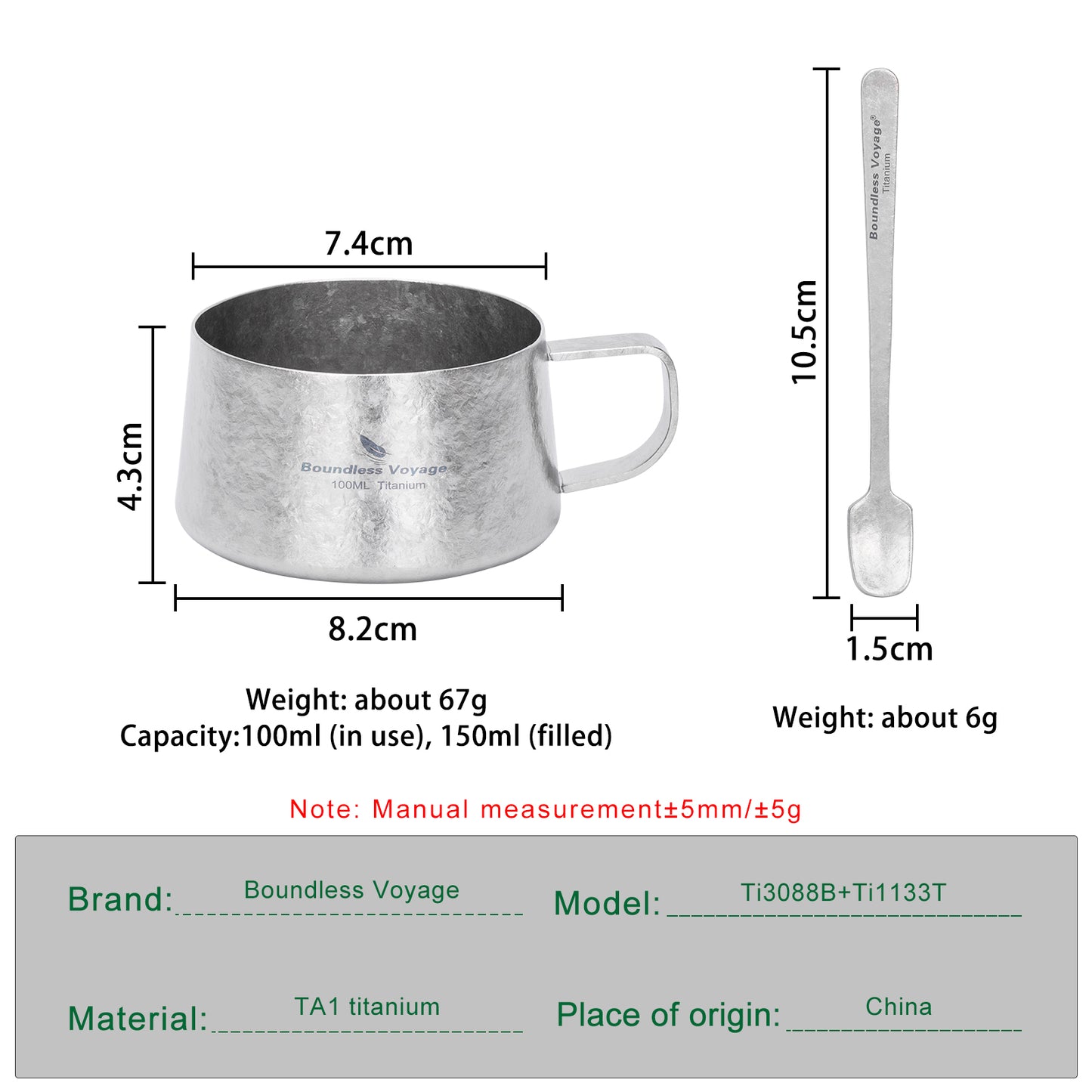 Boundless Voyage 100ml Titanium Double Wall Espresso Cup with Spoon – Ultralight Coffee & Tea Mug for Camping & Travel