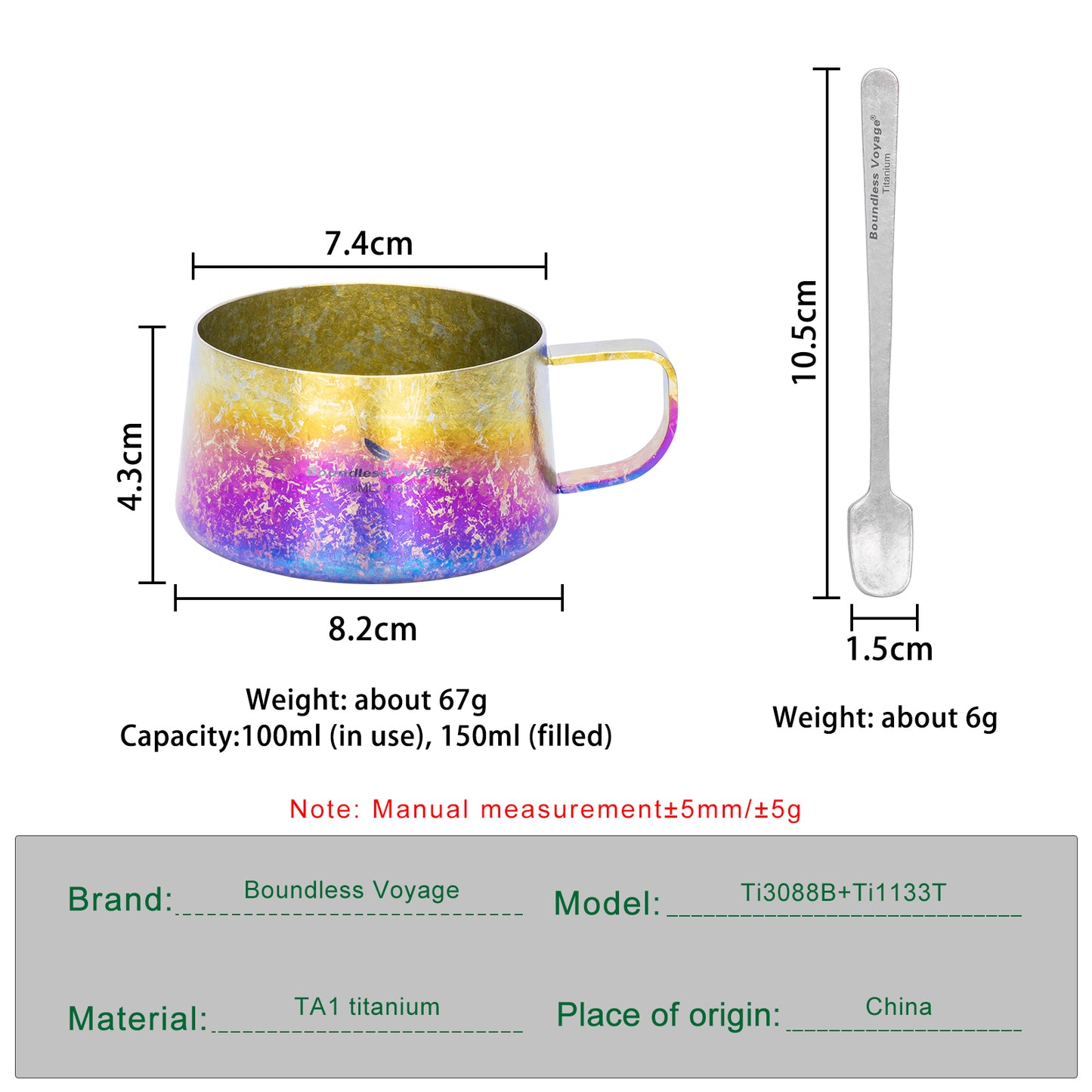 Boundless Voyage 100ml Titanium Double Wall Espresso Cup with Spoon – Ultralight Coffee & Tea Mug for Camping & Travel