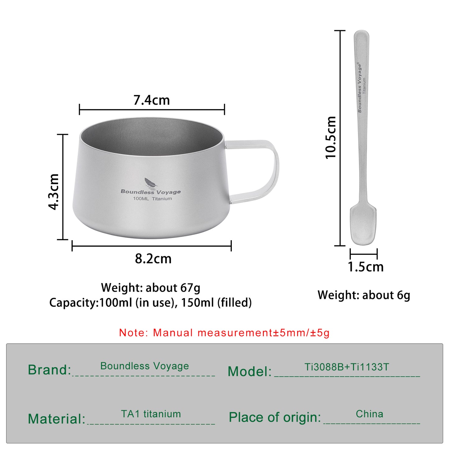 Boundless Voyage 100ml Titanium Double Wall Espresso Cup with Spoon – Ultralight Coffee & Tea Mug for Camping & Travel