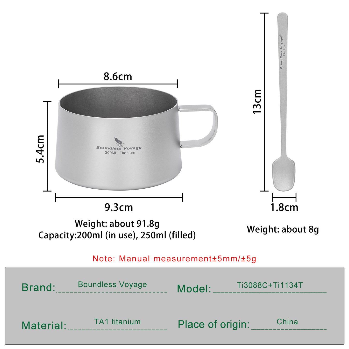 Boundless Voyage 200ml Titanium Double Wall Coffee Cup with Spoon – Premium Tea & Espresso Mug for Camping, Travel & Everyday Use