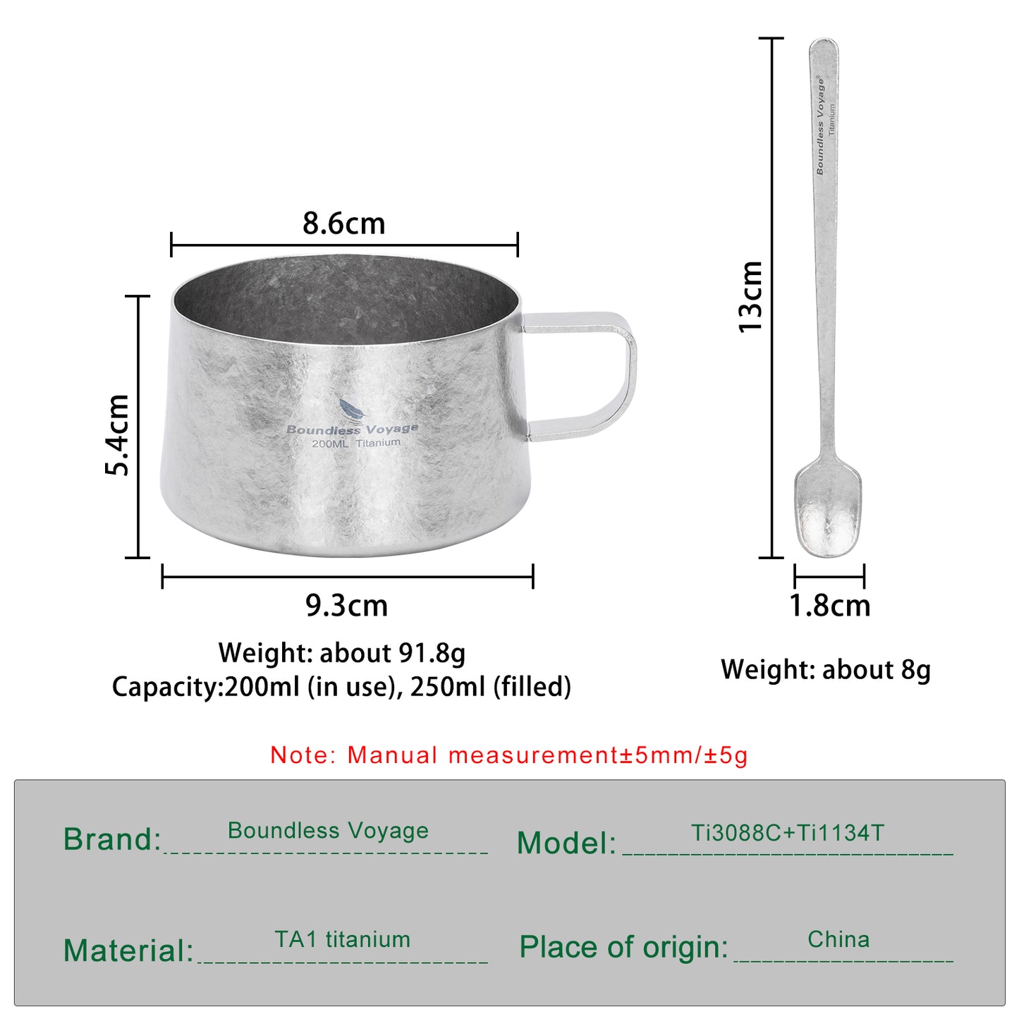 Boundless Voyage 200ml Titanium Double Wall Coffee Cup with Spoon – Premium Tea & Espresso Mug for Camping, Travel & Everyday Use
