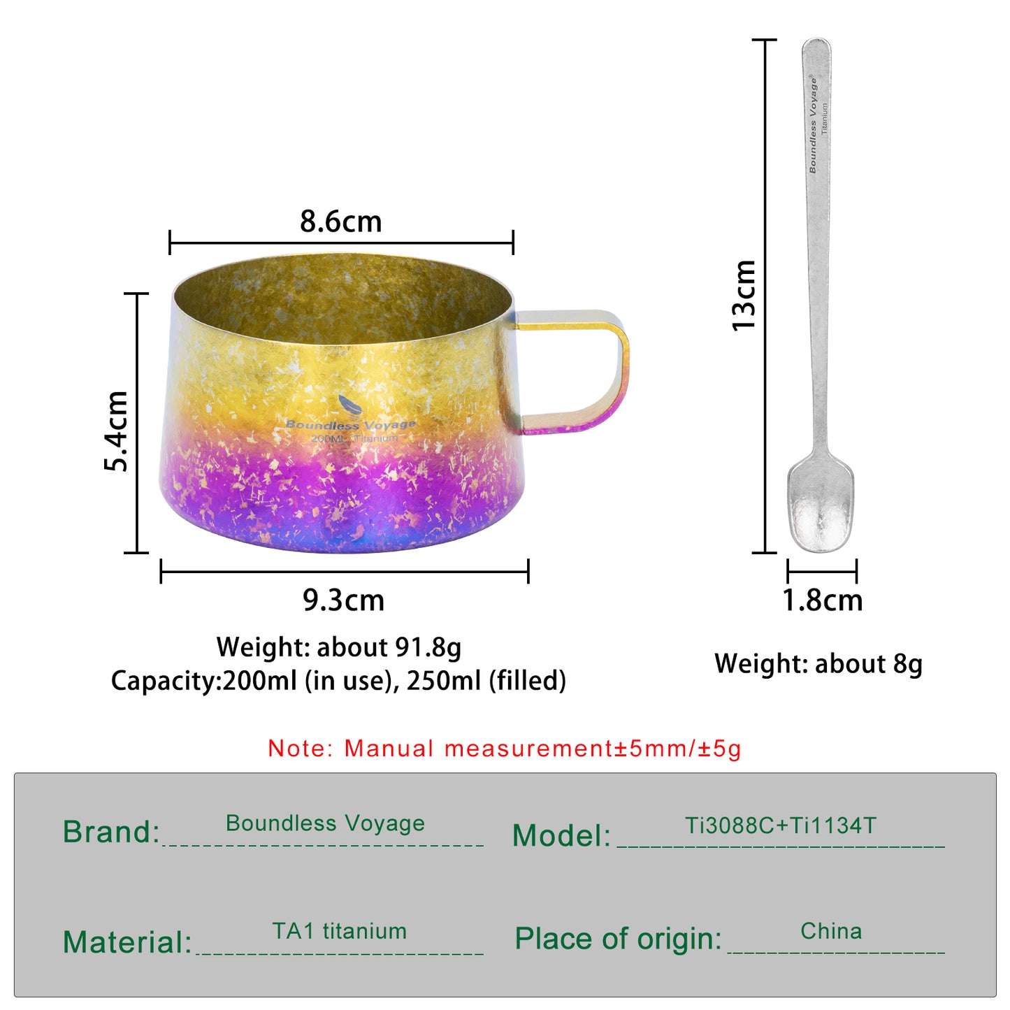 Boundless Voyage 200ml Titanium Double Wall Coffee Cup with Spoon – Premium Tea & Espresso Mug for Camping, Travel & Everyday Use