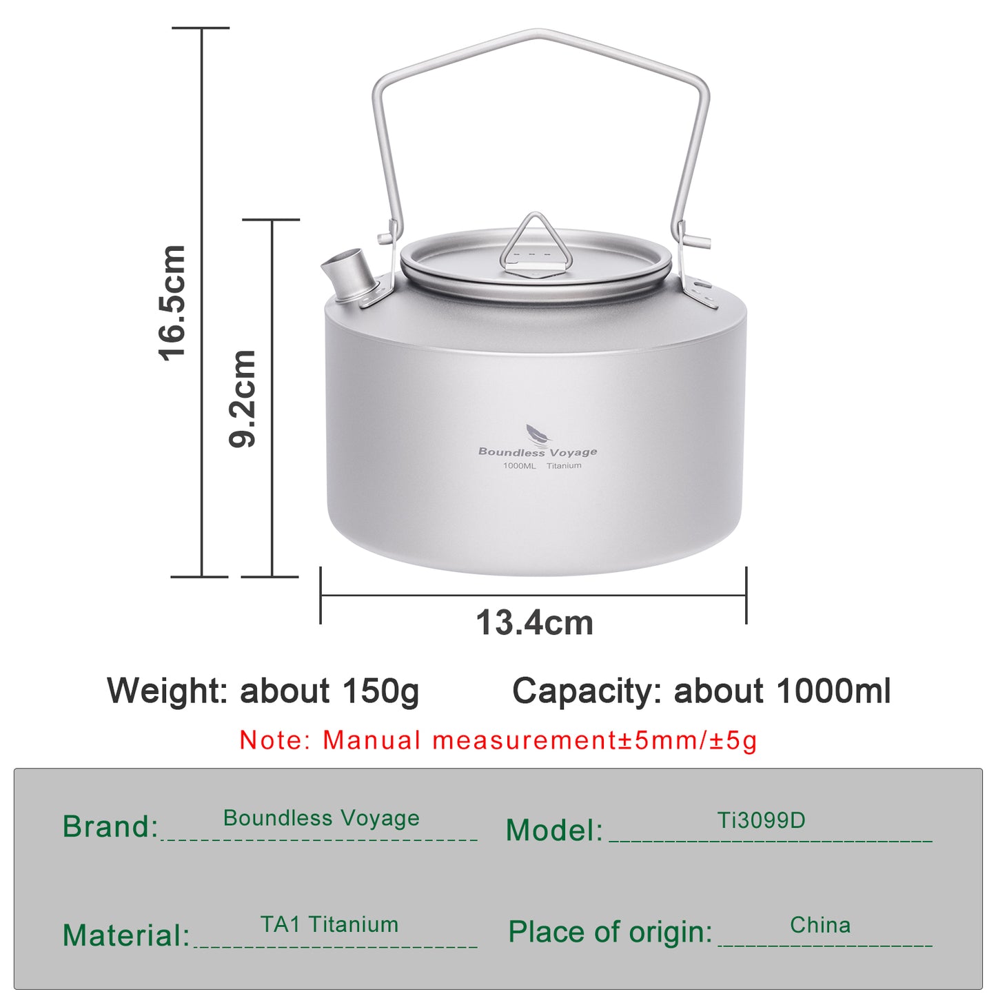 Boundless Voyage Titanium Kettle With Folding Handle 1000ml