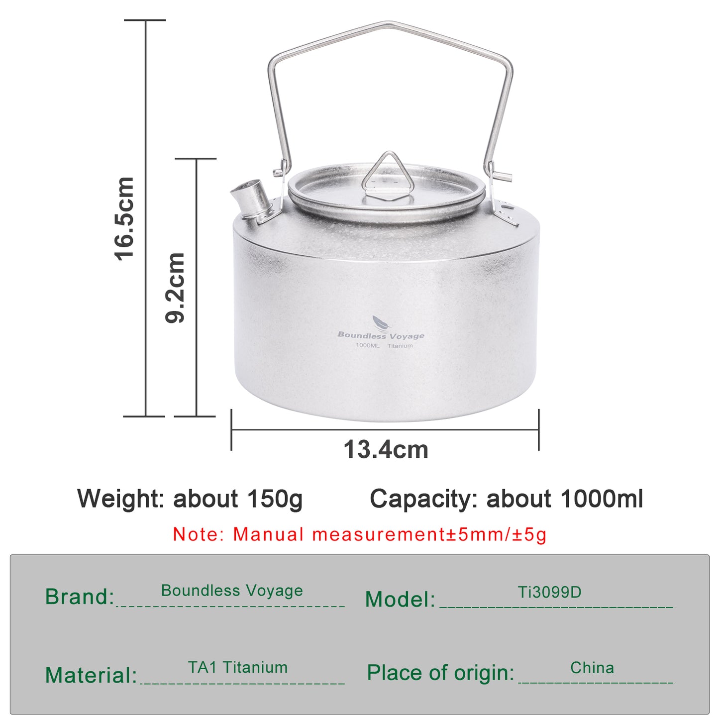 Boundless Voyage Titanium Kettle With Folding Handle 1000ml