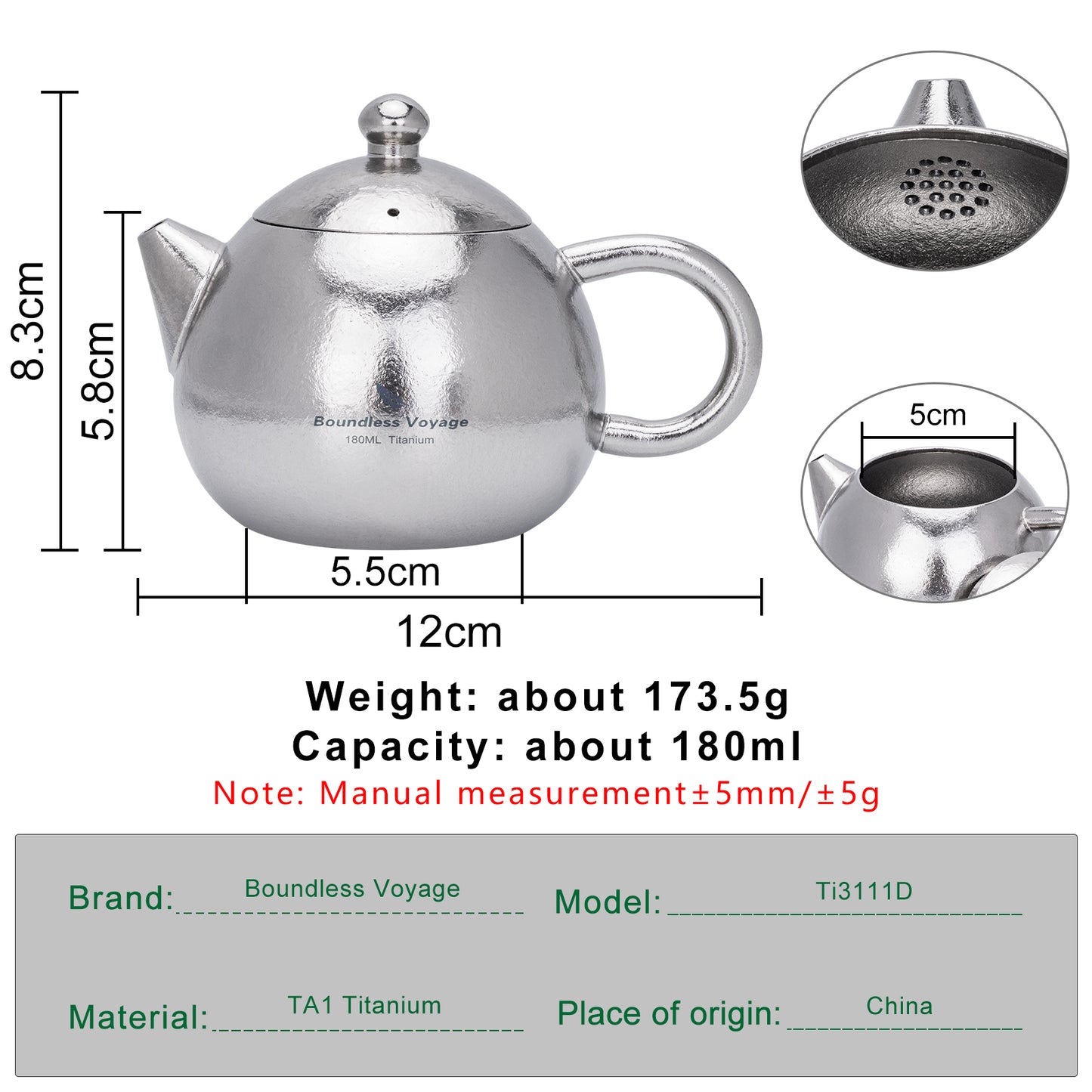 Boundless Voyage Titanium Teapot 180ml – Ultralight Tea Maker with Vented Lid & Anti-Scald Handle for Camping, Travel & Home