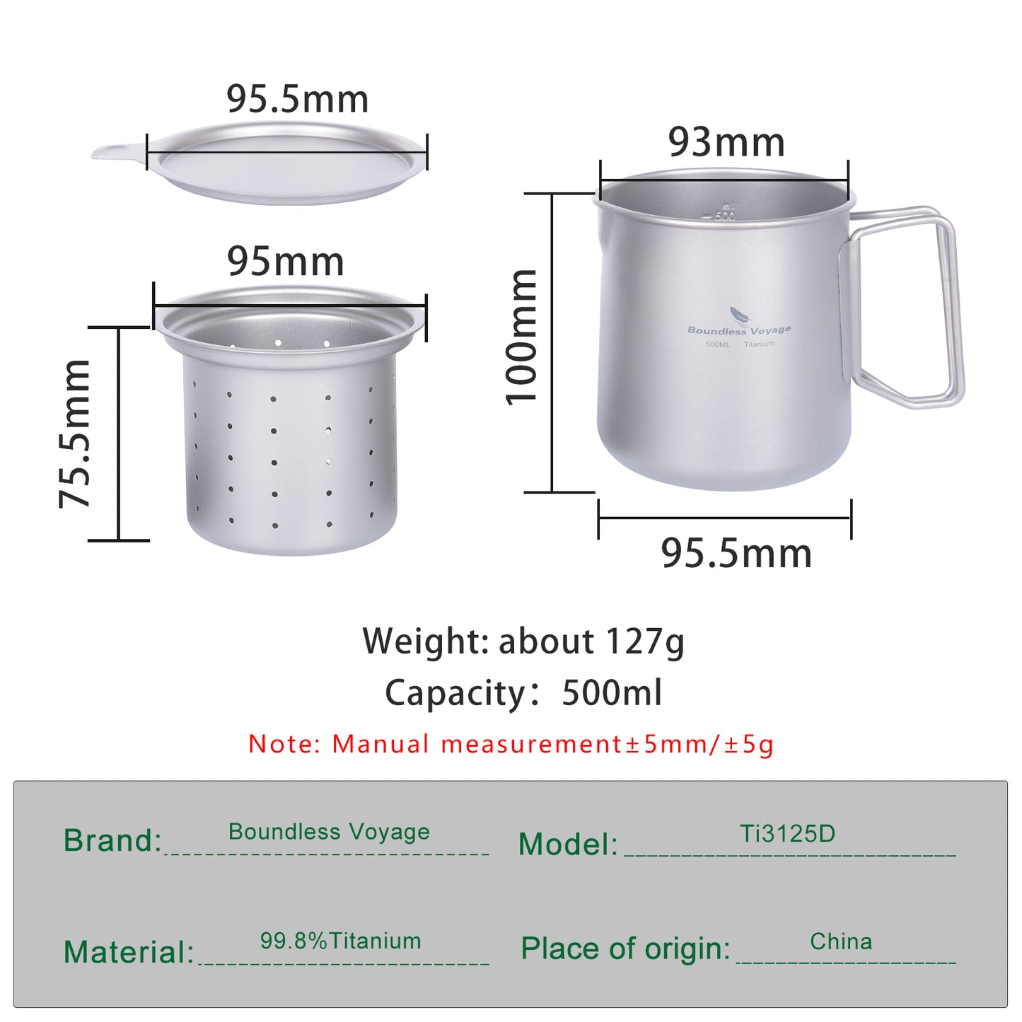 Boundless Voyage 500ml Titanium Pot with Lid & Filter – Ultralight Camping Mug with Foldable Handles for Hiking & Backpacking
