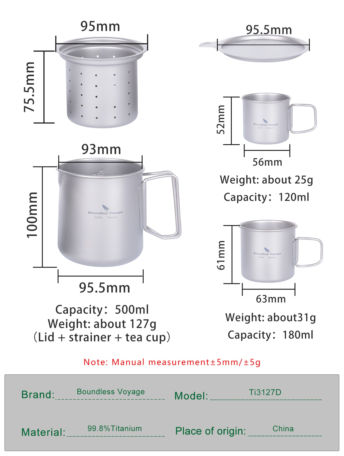 Boundless Voyage Titanium Pot, Camping Pot Titanium Cup Tianium Backpacking Pot with Partable Foldable Handles for Outdoor Camping Hiking Backpacking (500ml mugcup+small cups ×2)