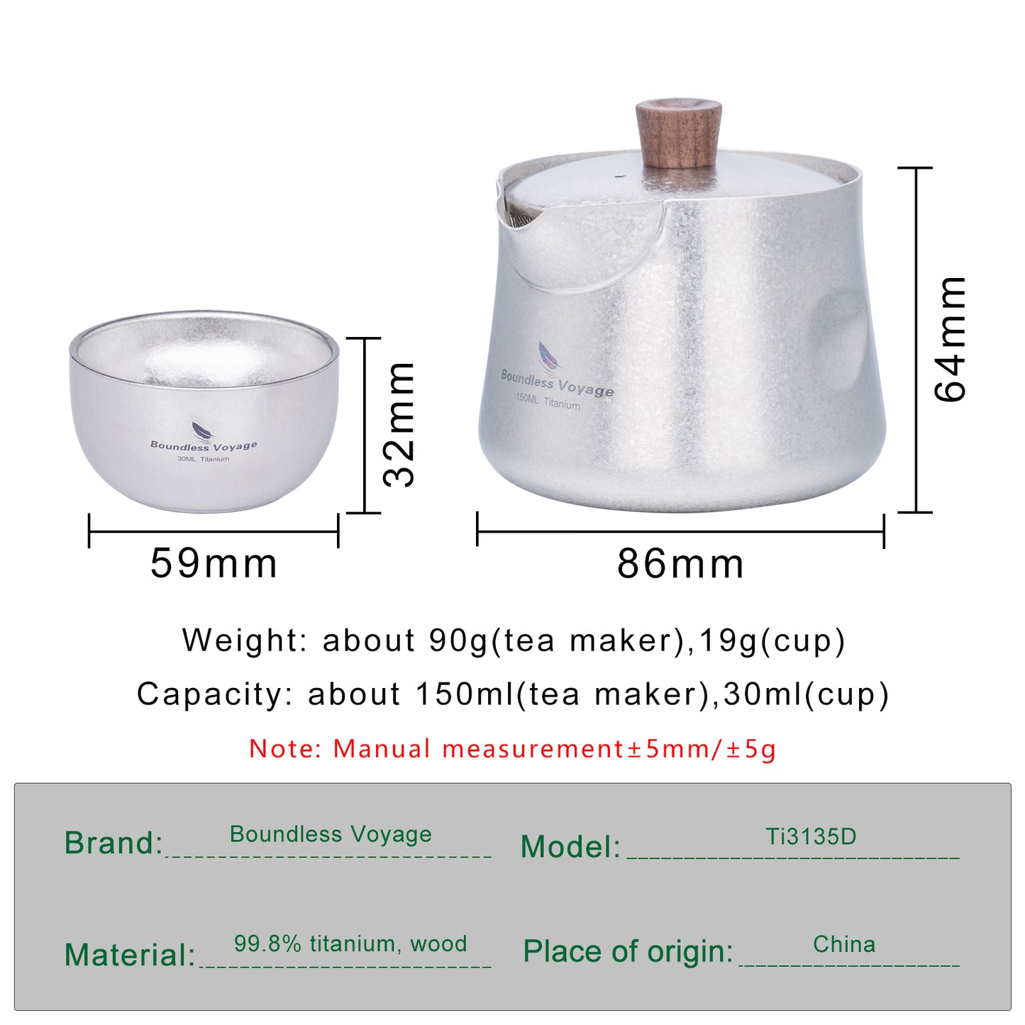 Boundless Voyage Titanium Double-Layer Tea Maker Cups Set Outdoor Camping Portable Tea Pot Tea Mug