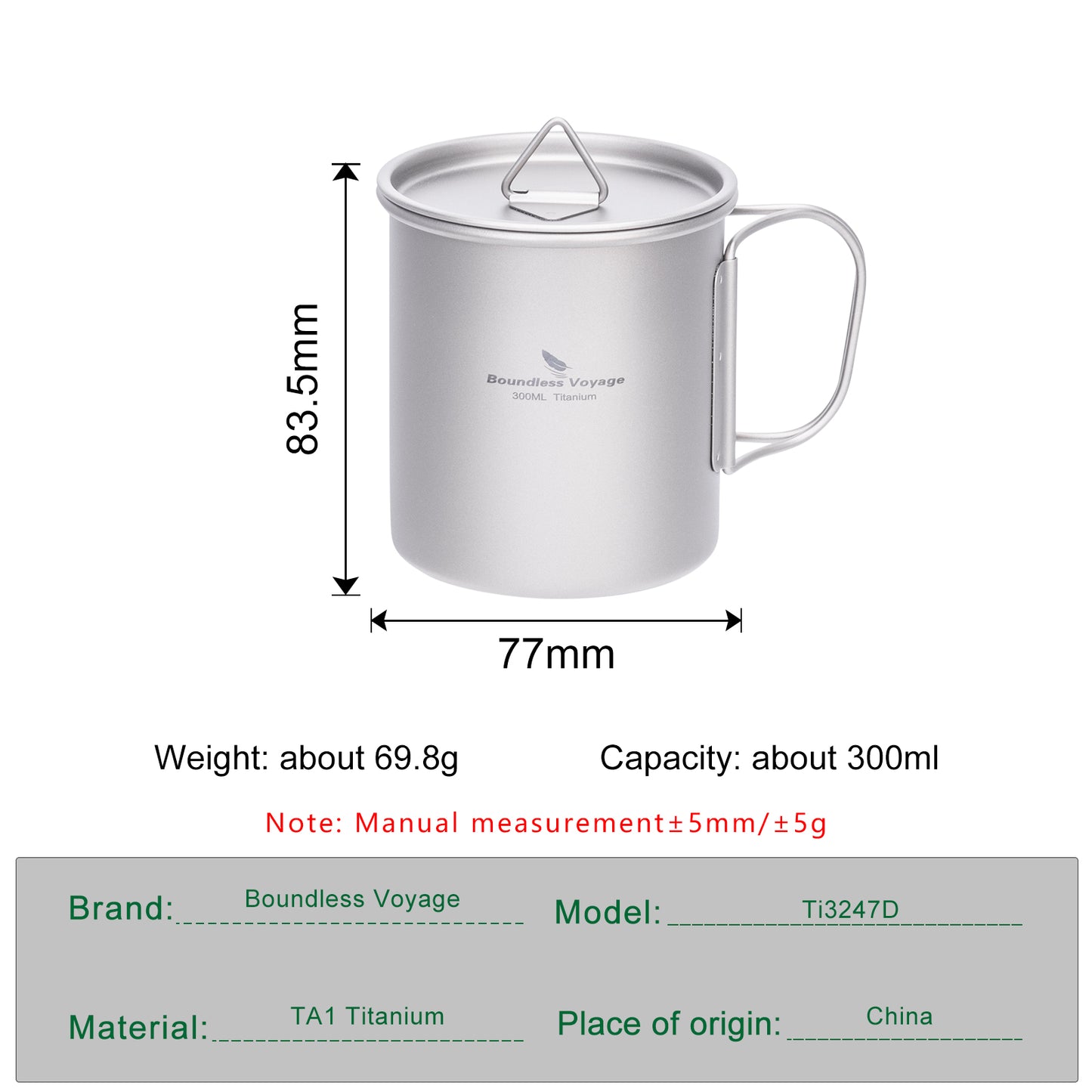 Boundless Voyage Ultralight Single-Wall Titanium Cup 300ml with Lid – Lightweight Portable Camping Mug for Hiking & Backpacking