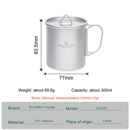 Boundless Voyage Ultralight Single-Wall Titanium Cup 300ml with Lid – Lightweight Portable Camping Mug for Hiking & Backpacking