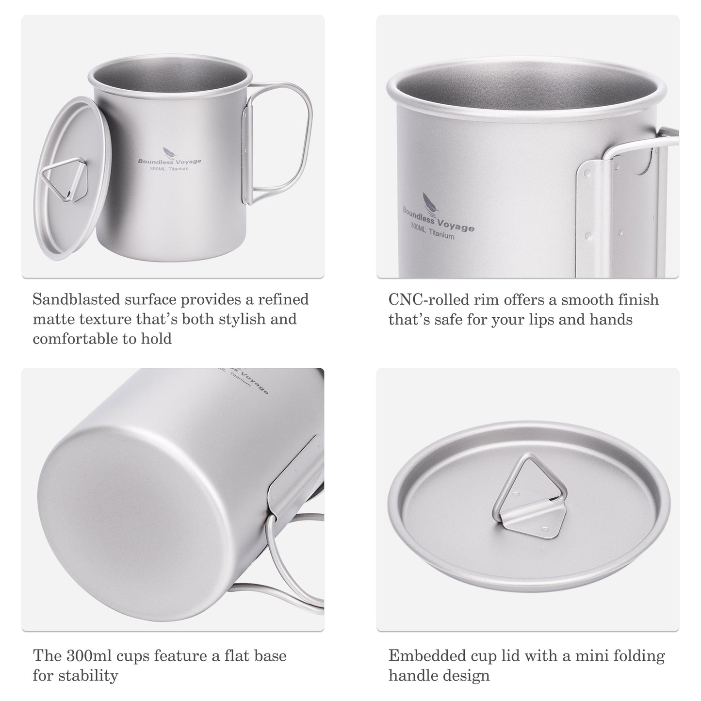 Boundless Voyage Ultralight Single-Wall Titanium Cup 300ml with Lid – Lightweight Portable Camping Mug for Hiking & Backpacking