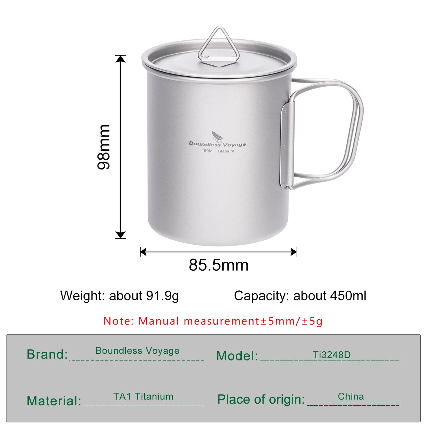 Boundless Voyage Ultralight Single-Wall Titanium Cup 450ml with Lid – Lightweight Portable Camping Mug for Hiking & Backpacking