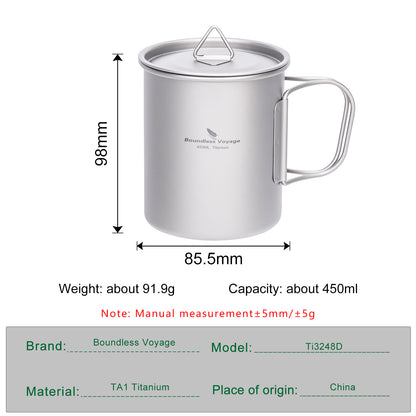 Boundless Voyage Ultralight Single-Wall Titanium Cup 450ml with Lid – Lightweight Portable Camping Mug for Hiking & Backpacking