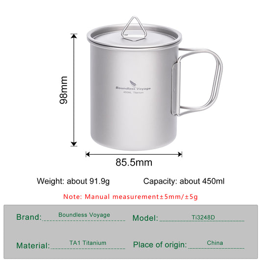 Boundless Voyage Ultralight Single-Wall Titanium Cup 450ml with Lid – Lightweight Portable Camping Mug for Hiking & Backpacking