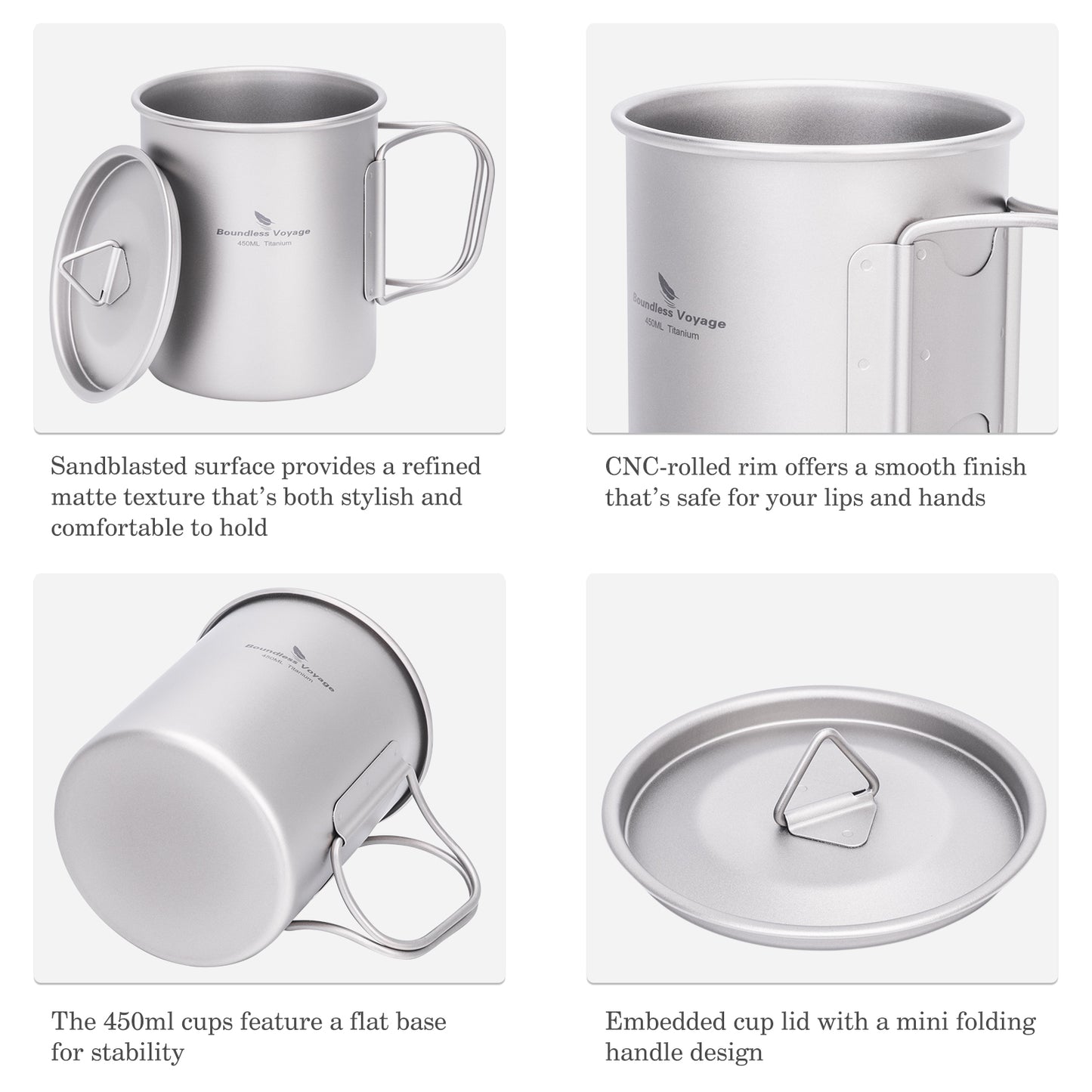 Boundless Voyage Ultralight Single-Wall Titanium Cup 450ml with Lid – Lightweight Portable Camping Mug for Hiking & Backpacking