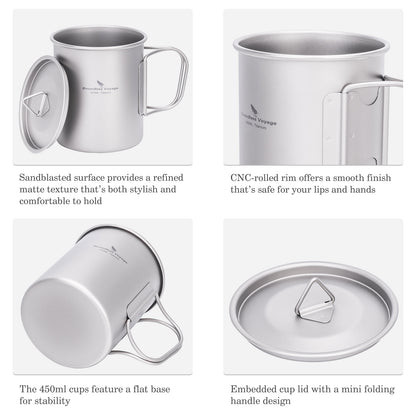 Boundless Voyage Ultralight Single-Wall Titanium Cup 450ml with Lid – Lightweight Portable Camping Mug for Hiking & Backpacking