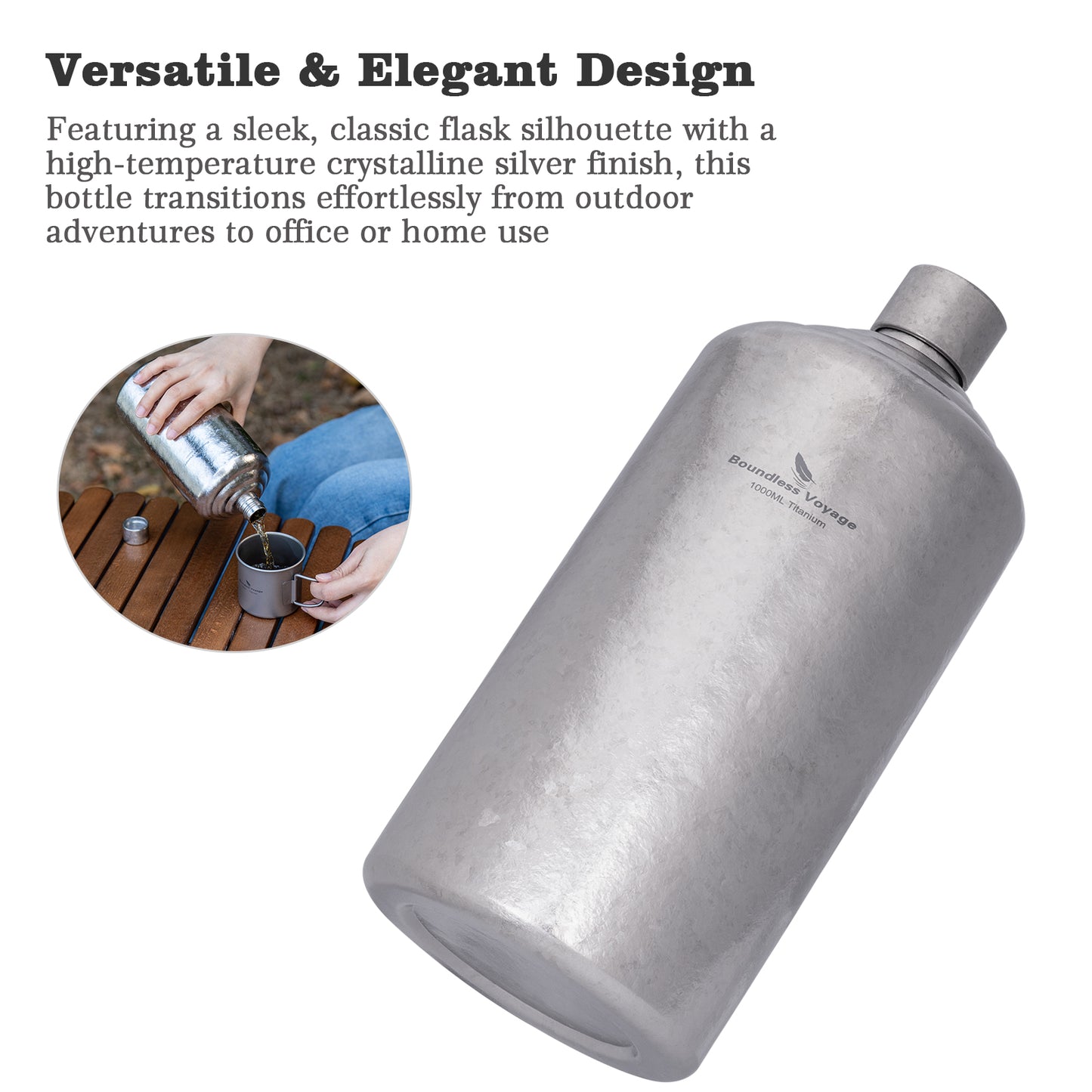 Boundless Voyage 1000ml Pure Titanium Hip Flask | Large Capacity Ultralight Whiskey & Spirit Bottle | Leakproof Coating-Free Healthy Flask for Camping, Hunting & Travel