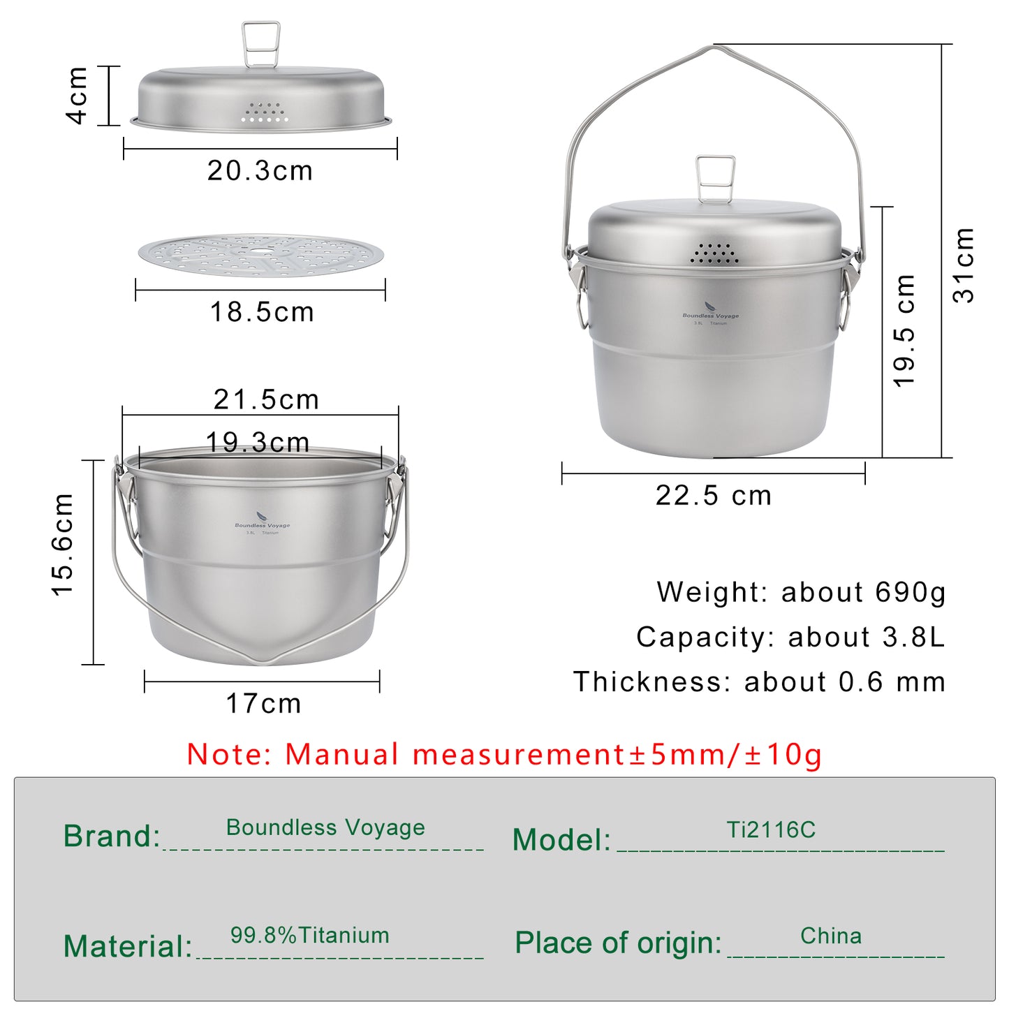 Boundless Voyage 3.8L Titanium Hanging Pot with Steamer Rack – Ultralight Campfire Cooking Stockpot Set, Large Capacity Outdoor Cookware for Camping, Hiking & Group Cooking
