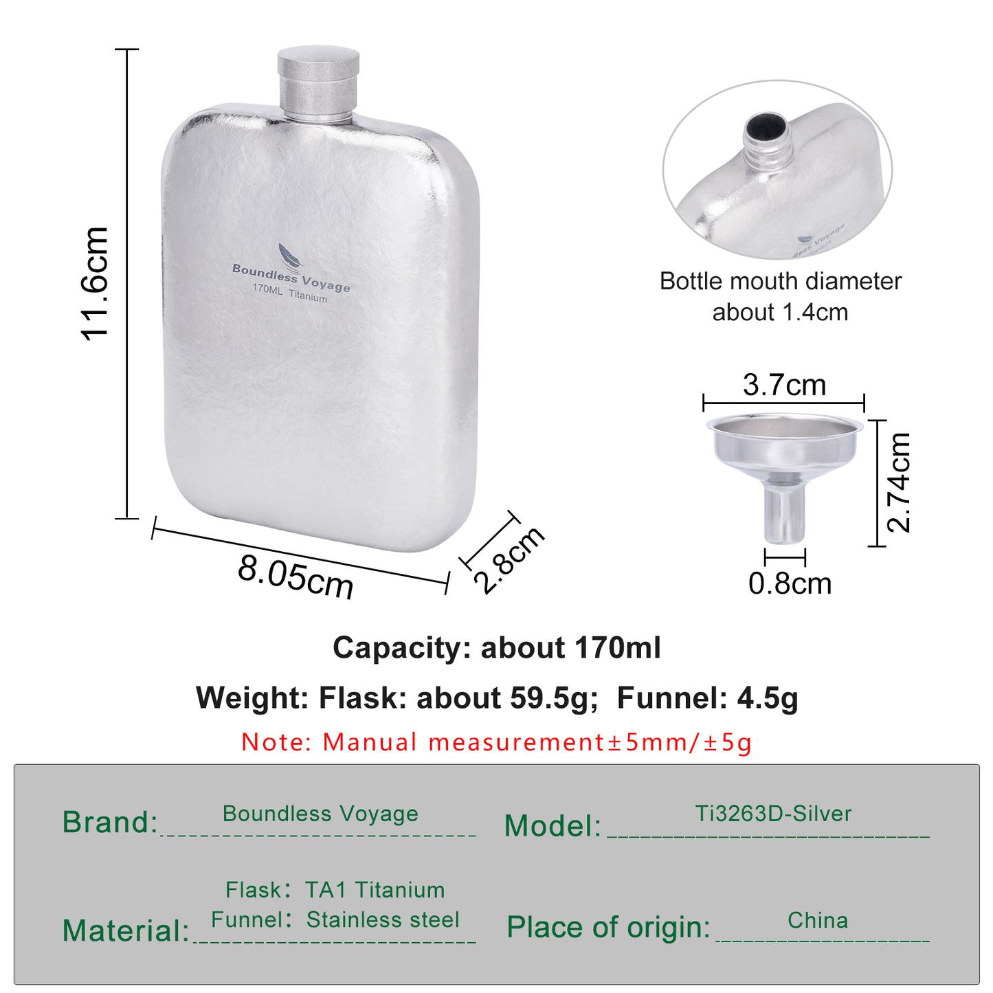 Boundless Voyage Titanium Hip Flask Small Liquor Flask Bottle for Whiskey Vodka Wine Portable Travel Outdoor Ultralight Pocket Drinkware for Men & Women