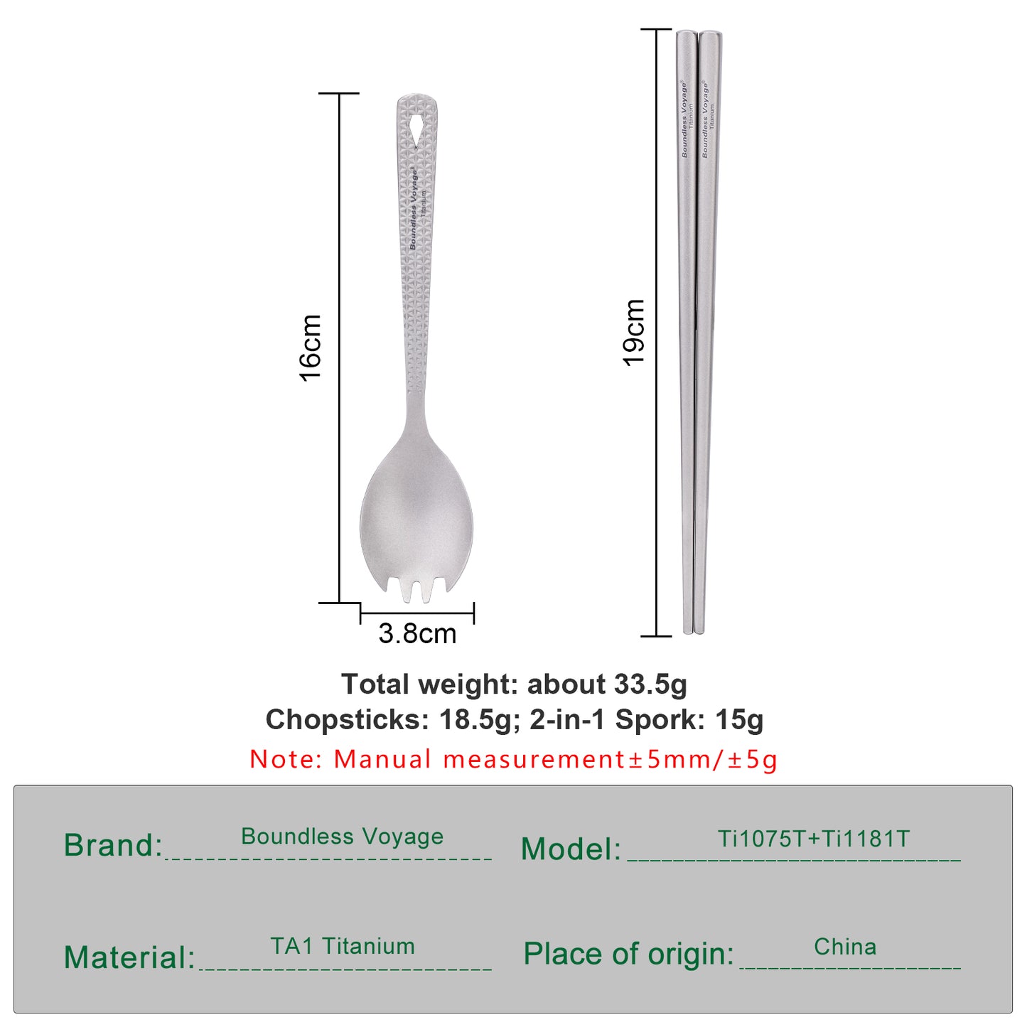 Boundless Voyage Titanium Chopsticks & 2-in-1 Spork Set Camping Cutlery Lightweight Travel Utensils Portable Outdoor Hiking Backpacking Faltware, Dishwasher Safe, No Coating with Storage Bag