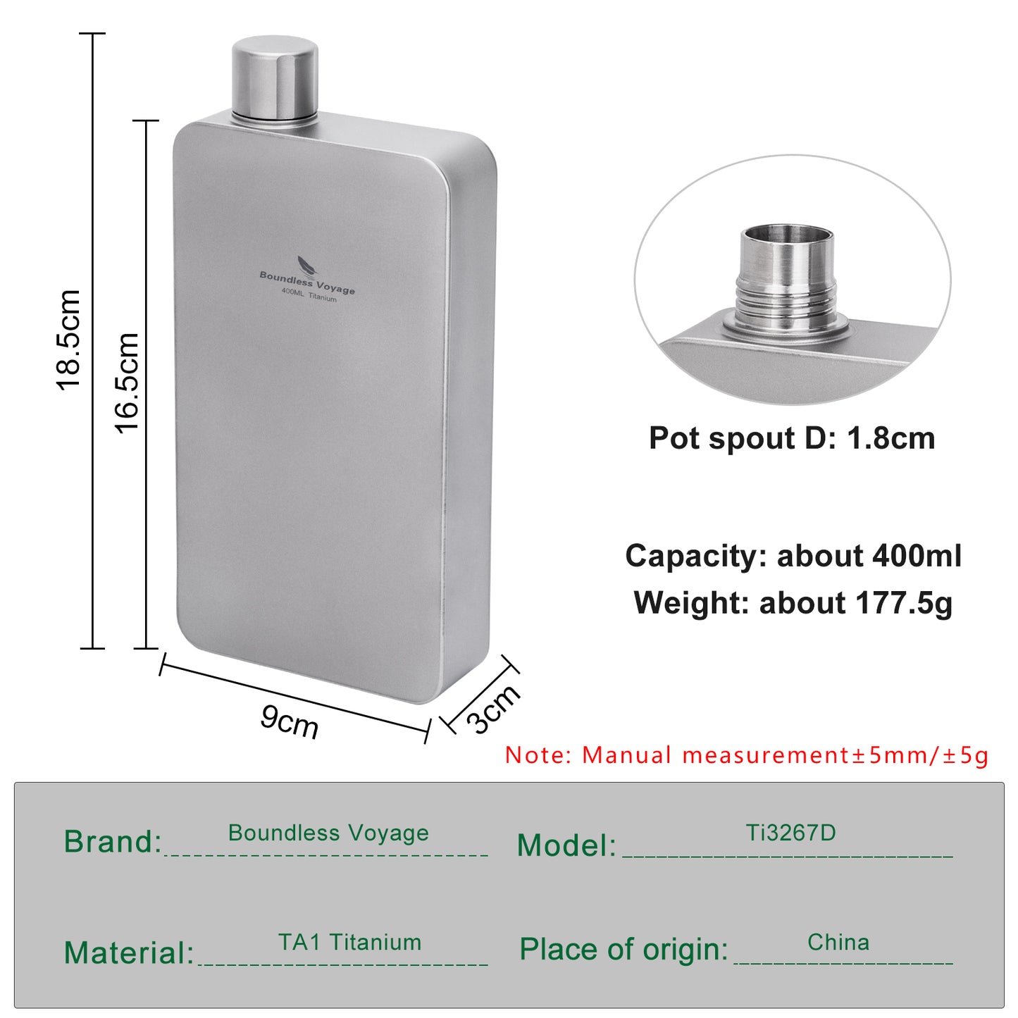 Boundless Voyage 400ml Titanium Flask with Funnel – Lightweight Leakproof Hip Flask for Camping, Travel & Everyday Carry